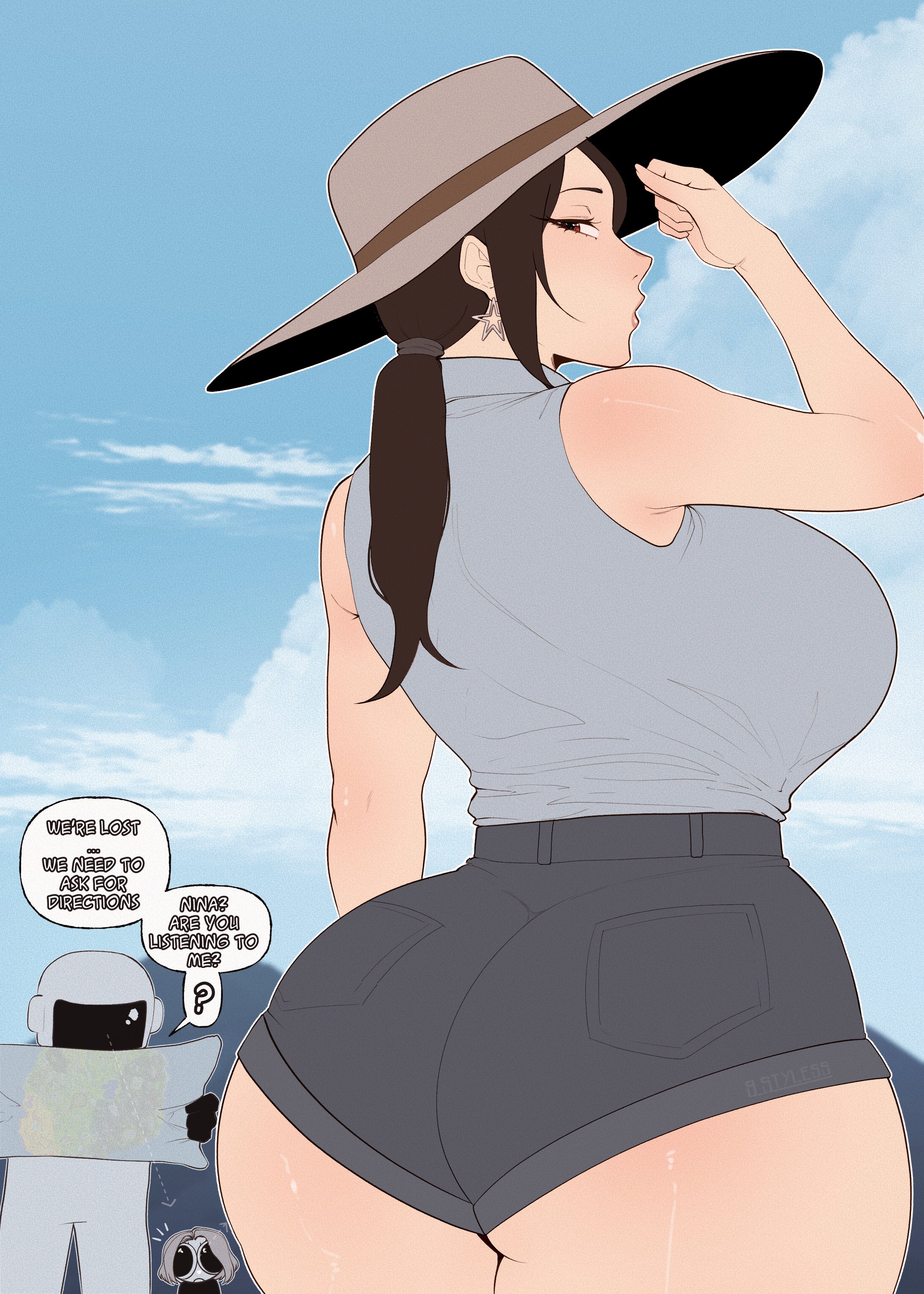 9 styless, ass, back, back view, big ass, blue sky, brown eyes, brown hair, character request, dialogue, earrings, english text, female, hat, helmet, light skin, light-skinned female, male, ponytail, sky, speech bubble, star-shaped earrings, tagme, thick, thick ass, thick thighs, voluptuous