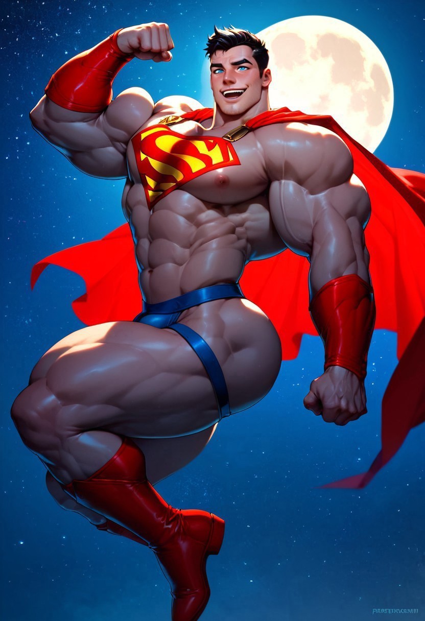abs ai_generated ass ass bara bara_tiddies bara_tits biceps big_ass big_butt big_muscles big_pecs big_thighs black bubble_ass bubble_butt bulge cape clark_kent dc dc_comics defined_muscles flexing flexing_arms flexing_bicep flying hair harness human human_only jockstrap looking_at_viewer male male_focus male_only moon muscles muscular muscular_legs muscular_male muscular_thighs night obliques pecs revealing_clothes sky slutty_clothes superhero superman superman_(series) yaoi