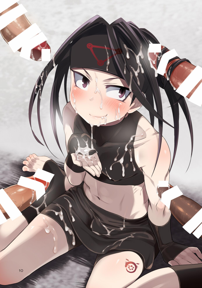 5boys agemono androgynous bike_shorts black_hair blush bukkake censor_bar censored censored_penis crop_top cum cum_covered cum_in_hair cum_in_hands cum_on_chest cum_on_hair cum_on_hand cum_on_leg cum_on_penis cum_on_skirt cum_on_thigh cumdrip envy_(fma) facial femboy fingerless_gloves fullmetal_alchemist gay girly hair_on_penis hairjob headband homonculus long_hair male male_only marking multiple_males multiple_penises navel petite purple_eyes shorts shorts_under_skirt skirt smile steamy_breath stirrup_socks thick_cum toeless_legwear toeless_socks trap veiny_penis yaoi