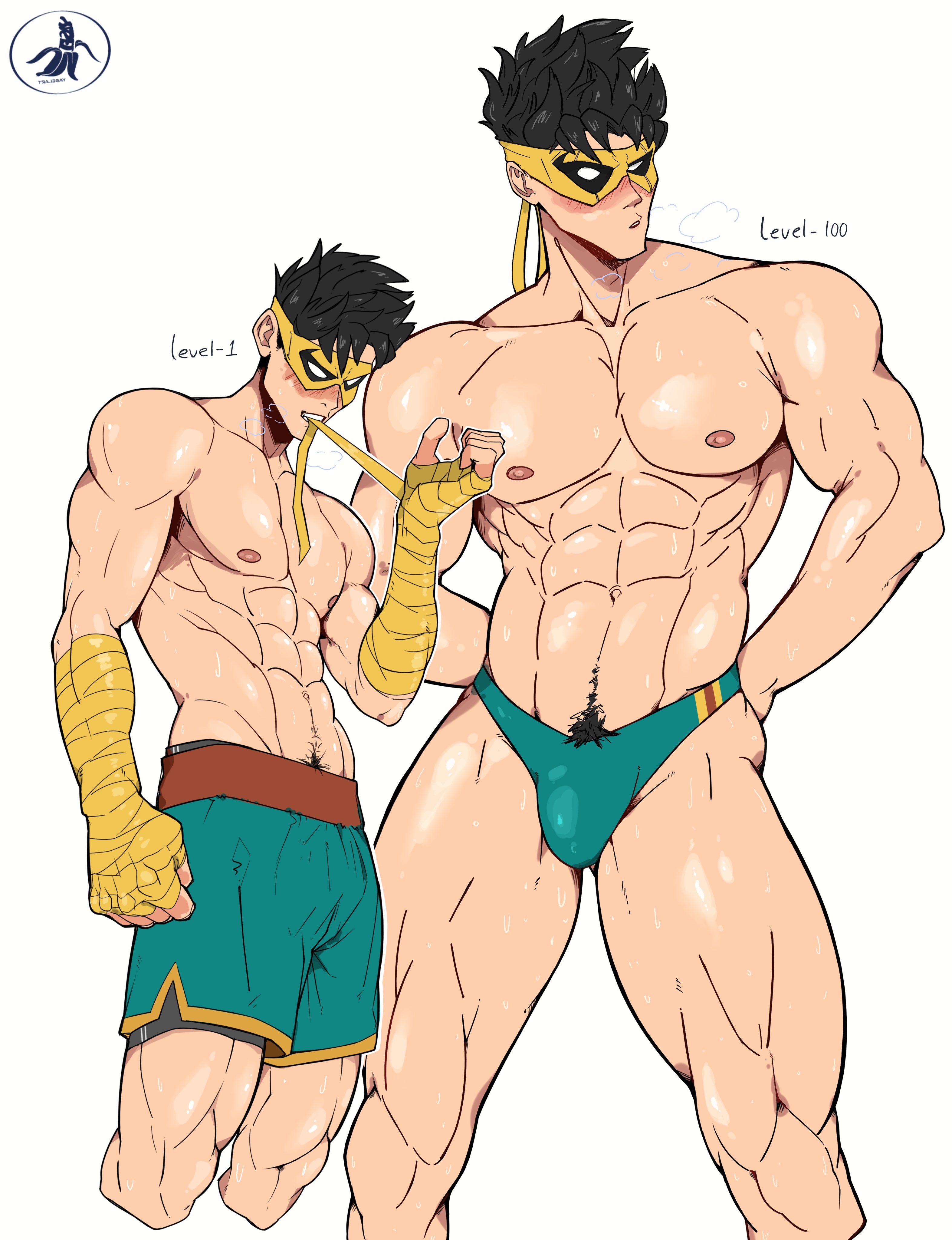 1boy, 2025, abs, absurd res, arm wraps, belly button, big muscles, black hair, blue shorts, blue underwear, bulge, eye mask, glistening, glistening body, hi res, human, iron fist, iron fist (marvel rivals), lin lie, male, male only, marvel, marvel comics, marvel rivals, mask, masked, masked male, muscles, muscular, muscular human, muscular male, navel, nipples, pecs, pubic hair, shorts, solo, teeth, topless, underwear, yasei art