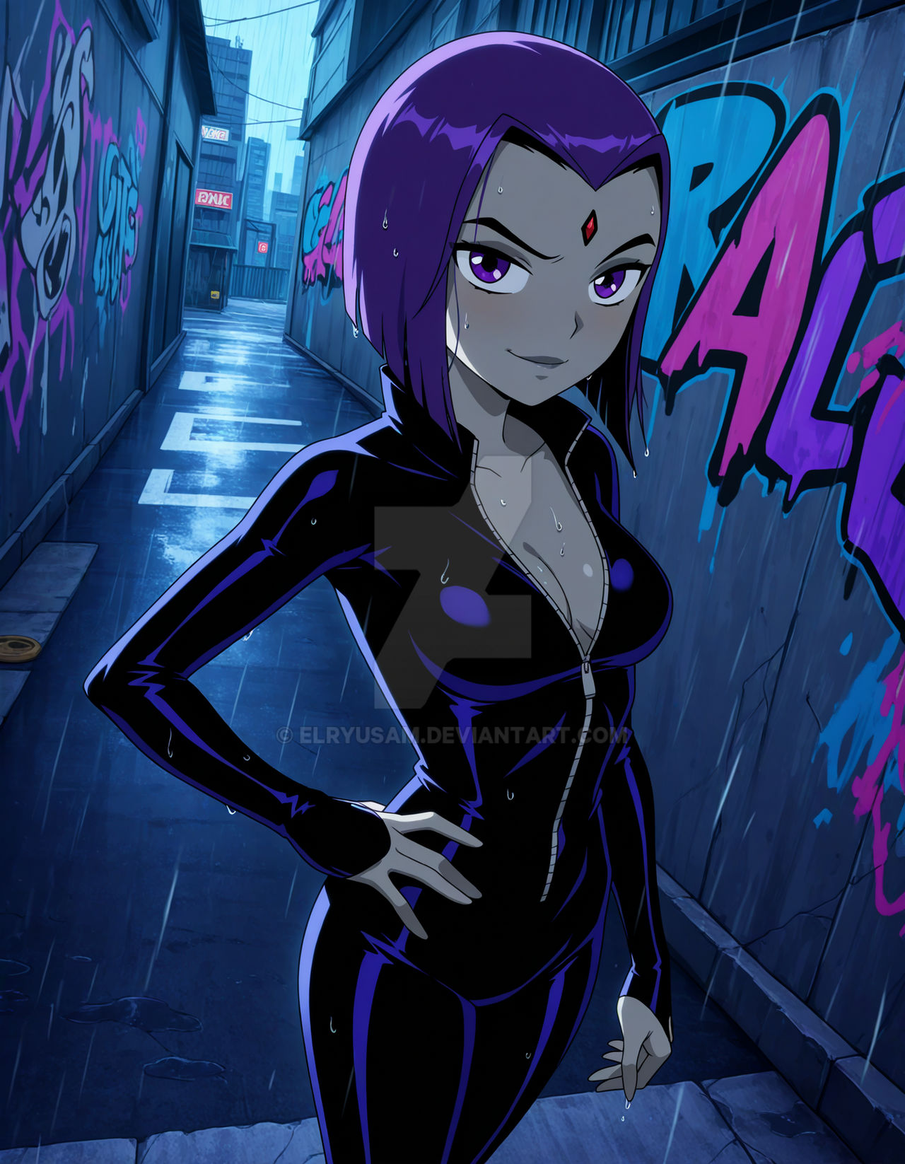 2025, ai generated, cartoon network, catsuit, city background, dc, dcau, deviantart, drawing, elryusam, evil grin, evil smile, female, grinning at viewer, jewel on forehead, looking at viewer, meta, not porn, orange cheeks, purple eyes, purple hair, rachel roth, rain, raining, raven (dc), raven (teen titans), sky background, smile at viewer, smiling at viewer, teen titans