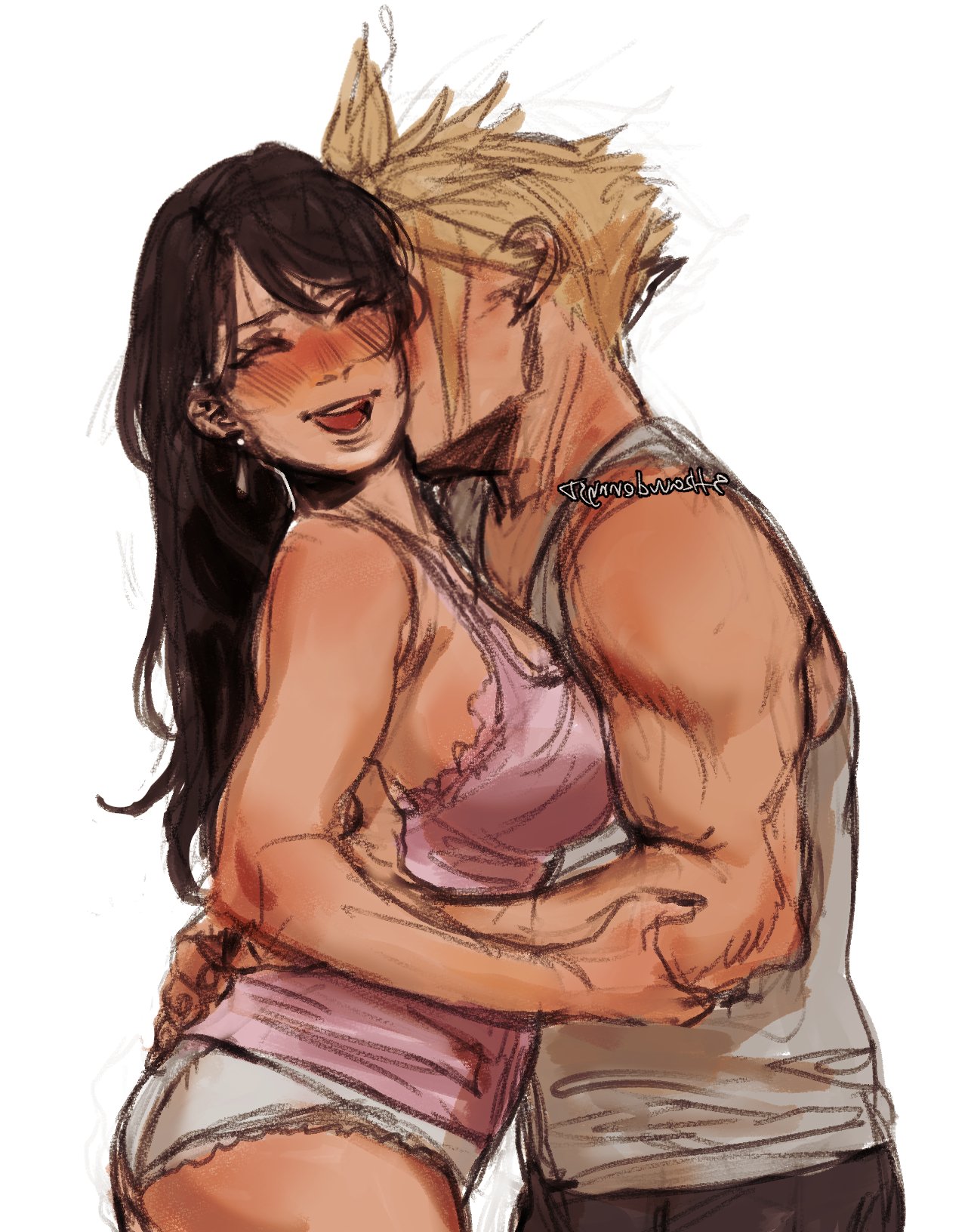 1boy, 1girls, armwear, big breasts, black hair, blonde hair, blonde-haired male, blush, breasts, busty, clothed, clothed female, clothed male, cloud strife, couple, dark hair, female, final fantasy, final fantasy vii, kissing, kissing neck, large breasts, light skin, light-skinned female, light-skinned male, male, medium breasts, panties, square enix, strawderryst, tagme, tifa lockhart, underwear, wholesome
