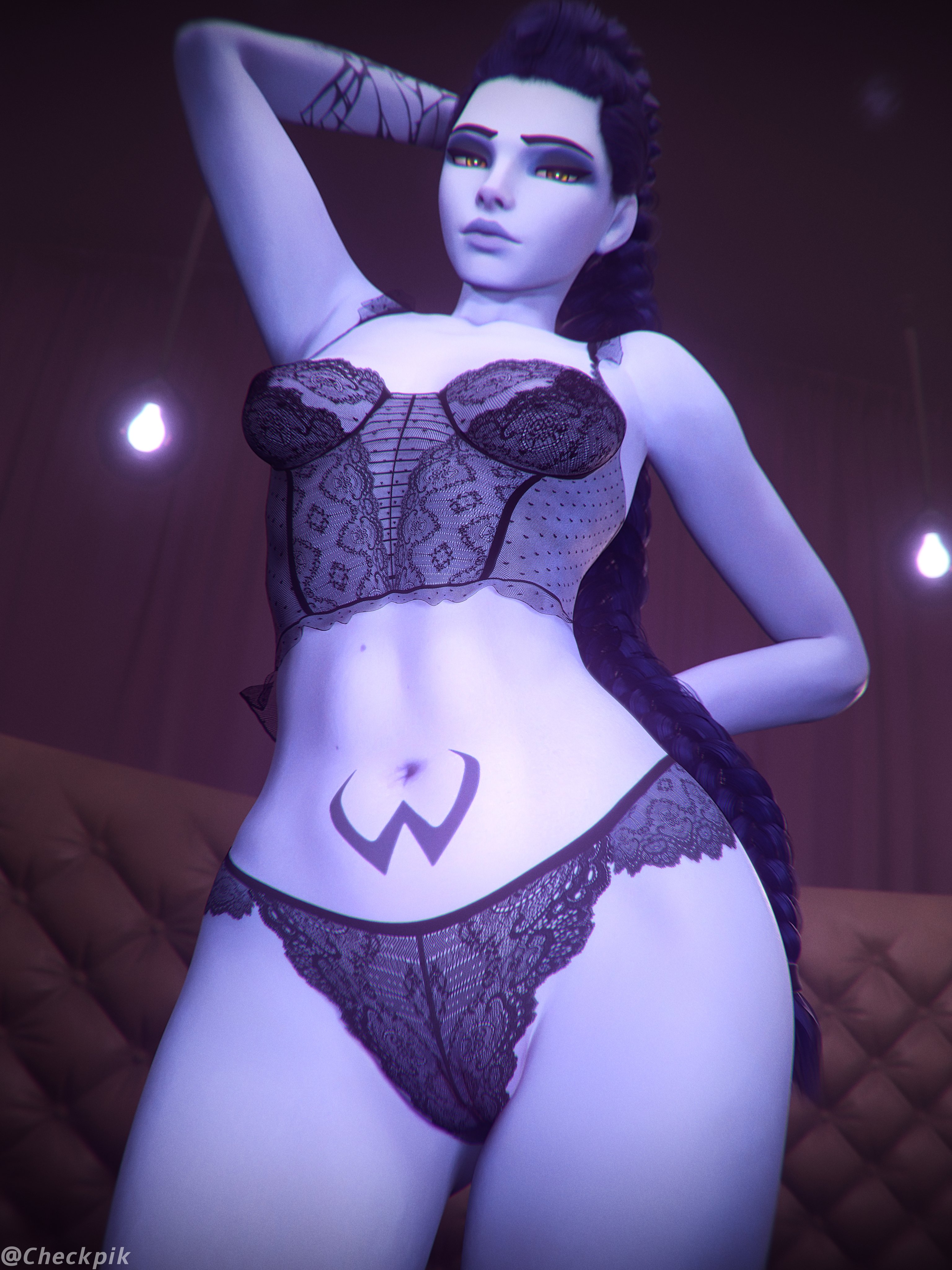 1girls, 2025, 3d, amelie lacroix, arm tattoo, armpits, arms behind head, arms up, beauty marks, blizzard entertainment, blue skin, blue skinned female, braided hair, braided ponytail, bralette, breasts, cameltoe, checkpik, clitoral hood, clitoris, covered breasts, cowboy shot, cropped legs, dark blue hair, detailed background, eyeliner, eyeshadow, female, female only, female torso, fit, fit female, front view, grey eyeshadow, hairless armpits, hairless pussy, hand behind back, hand behind head, high waisted thong, high-waisted thong, hip tilt, indoors, knees out of frame, lace lingerie, legs apart, lingerie, long hair, looking at viewer, medium breasts, navel, nipples, overwatch, overwatch 2, panties, pose, posing, proud, pubic tattoo, pussy, pussy bulge, pussy visible through clothes, romantic, seductive, see-through, see-through bra, see-through lingerie, see-through panties, skinny, skinny female, solo, standing, stockings, teasing, thong, underwear, useless clothing, very long hair, viewed from front, visible ribs, vulva, widowmaker, widowmaker (overwatch 2 suit), winged eyeliner, yellow eyes
