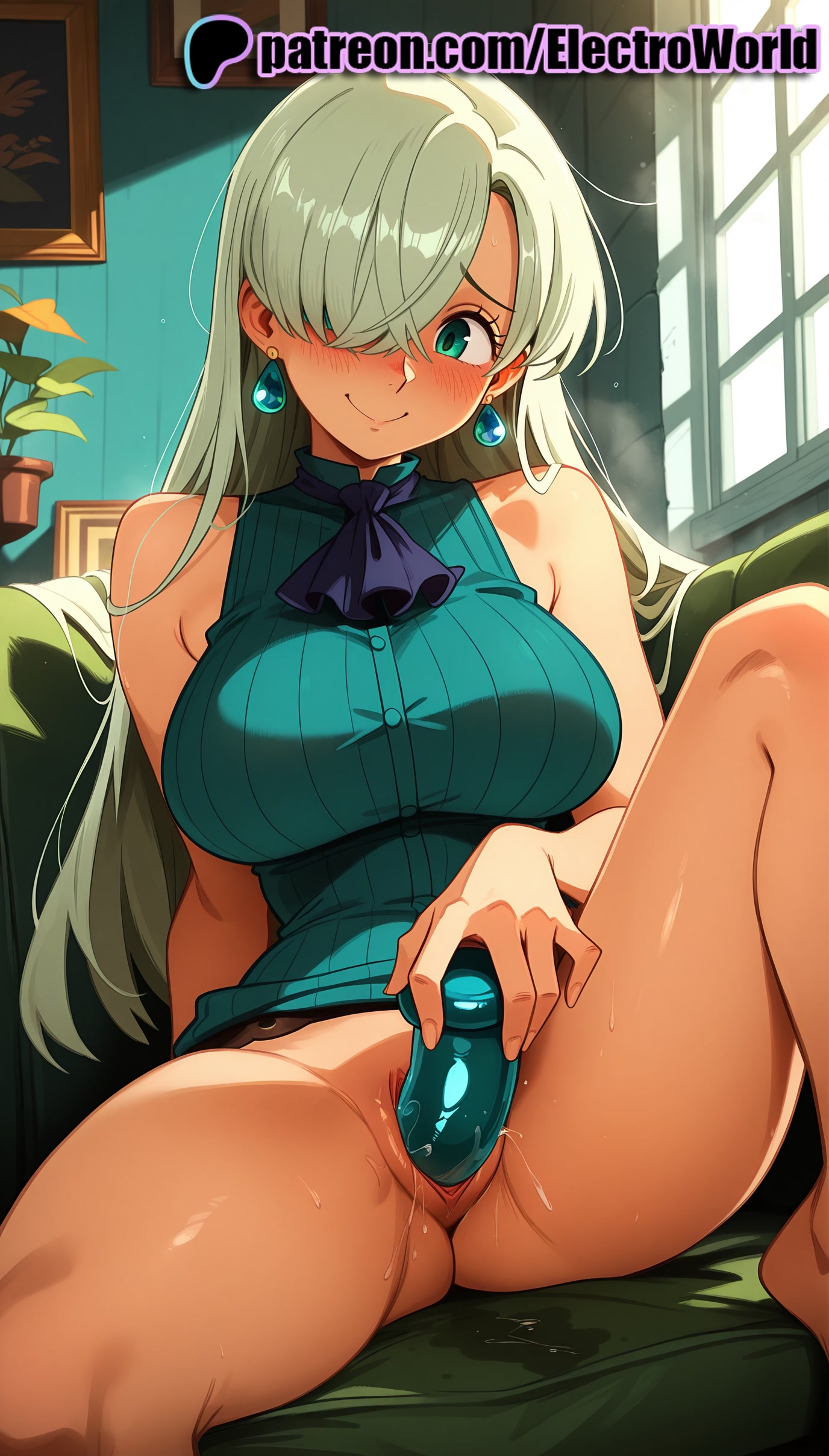 1girls, 2025, ai generated, artist name, bare shoulders, blush, breasts, bust, chest, closed mouth, earrings, electroworld, elizabeth liones, female, hair over one eye, hi res, high quality, high resolution, highres, hoop earrings, indoors, jewelry, legs apart, legs spread, long hair, nanatsu no taizai, no panties, open legs, patreon, patreon username, plant, potted plant, pussy, pussy juice, seven deadly sins, sitting, sleeveless, solo, splayed legs, spread legs, stable diffusion, sweat, watermark, window