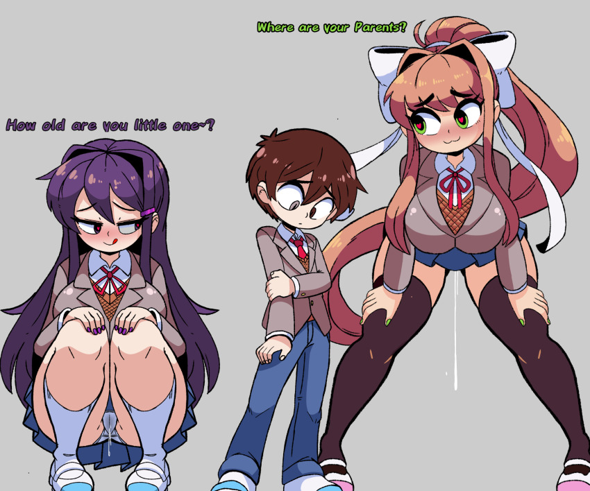 1boy 2girls age_difference aged_down aroused bent_over big_ass big_breasts big_butt bigger_female blue_jeans blue_pants blue_skirt breasts brown_hair brown_leggings brown_thighhighs cameltoe collared_shirt doki_doki_literature_club english english_text face gray_background green_eyes grey_eyes hair_between_eyes hair_intakes hairbow heart heart-shaped_pupils heterochromia horny jeans large_ass large_breasts leggings light_brown_hair looking_at_another mc_(doki_doki_literature_club!) monika_(doki_doki_literature_club) older_female older_female_and_younger_male older_female_younger_male predator/prey protagonist_(doki_doki_literature_club) purple_hair questioning red_necktie red_ribbon school_uniform shirt short_hair shorter_male shy skirt skirts smaller_male smile sneakers socks squat squatting symbol-shaped_pupils taller_girl teenager teenagers text thick_thighs thighhighs unepicroachy wet wet_panties wet_pussy white_leggings white_thighhighs wide_hips younger_male yuri_(doki_doki_literature_club)