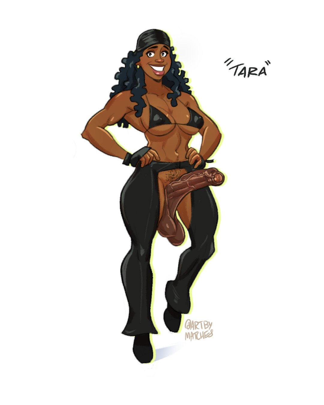 1futa 2d artbymatches artist_name balls big_breasts big_penis black_bikini black_bikini_top black_chaps blank_background breasts chaps character_name cleavage curly_hair dark-skinned_futanari dark_skin futanari penis sagging_balls saggy_balls testicles white_background
