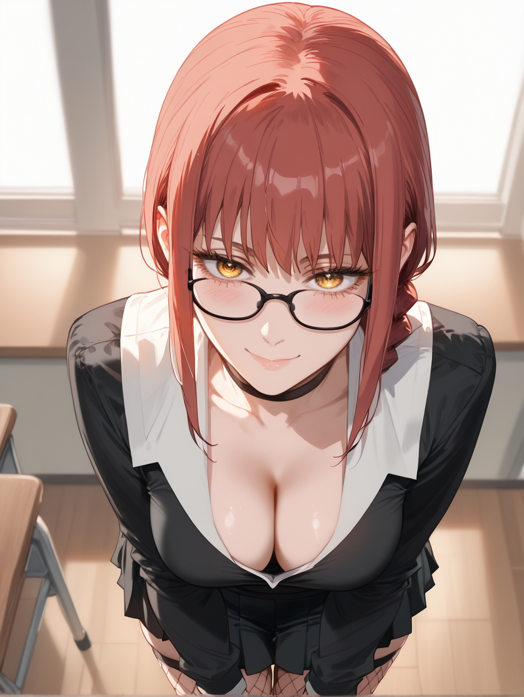 ai generated, bangs, black choker, black jacket, black skirt, black-framed eyewear, blush, braid, breasts, brokewyt, chainsaw man, chair, choker, classroom, cleavage, closed mouth, collarbone, desk, downblouse, female, fishnet pantyhose, fishnet thighhighs, fishnets, glasses, hands on own thighs, indoors, jacket, large breasts, leaning forward, lips, long hair, long sleeves, looking at viewer, makima (chainsaw man), pleated skirt, red hair, school desk, semi-rimless eyewear, shirt, sidelocks, skirt, smile, solo, standing, thighhighs, uncensored, white shirt, window, yellow eyes