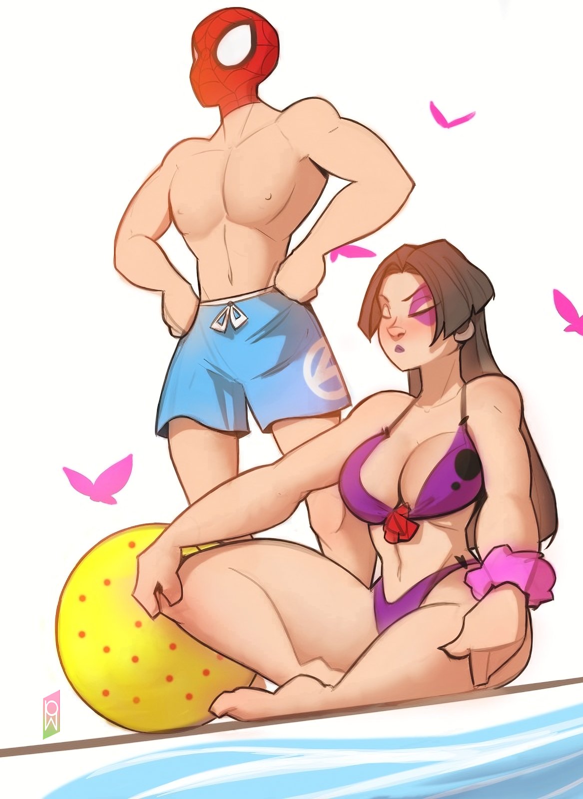 1boy, 1girls, ass, big ass, big breasts, big thighs, breasts, bust, busty, chest, clothed, clothed female, curvaceous, curvy, curvy figure, digital media (artwork), female, hips, hourglass figure, huge ass, huge breasts, huge thighs, large ass, large breasts, large thighs, legs, light skin, light-skinned female, male, male swimwear, marvel, marvel comics, marvel rivals, mature, mature female, mutant (marvel), peter parker, psylocke, psylocke (sai) (vengeance), slim waist, spider-man, spider-man (marvel rivals), spider-man (series), straight, swimming trunks, thick, thick hips, thick legs, thick thighs, thighs, tomphelippe, voluptuous, waist, wide hips, wide thighs, x-men