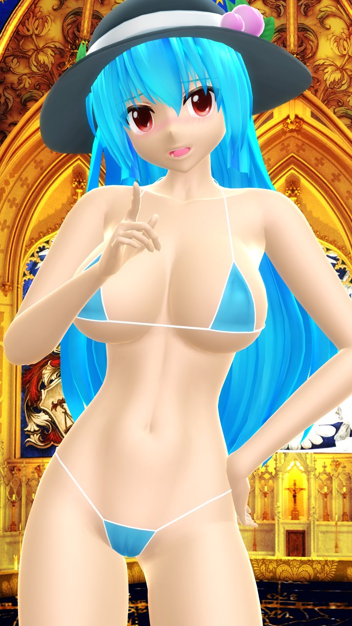 1girls 2025 3d angel belly_button bikini blue_hair_female blush breasts cleavage hat hati_yukkuri_mmd headwear hips interior_background light-skinned_female light_blue_bikini light_blue_hair long_hair_female looking_at_viewer mmd open_mouth peach_(fruit) red_eyes_female shy skimpy_bikini solo_female solo_focus swimsuit tenshi_hinanawi touhou waist