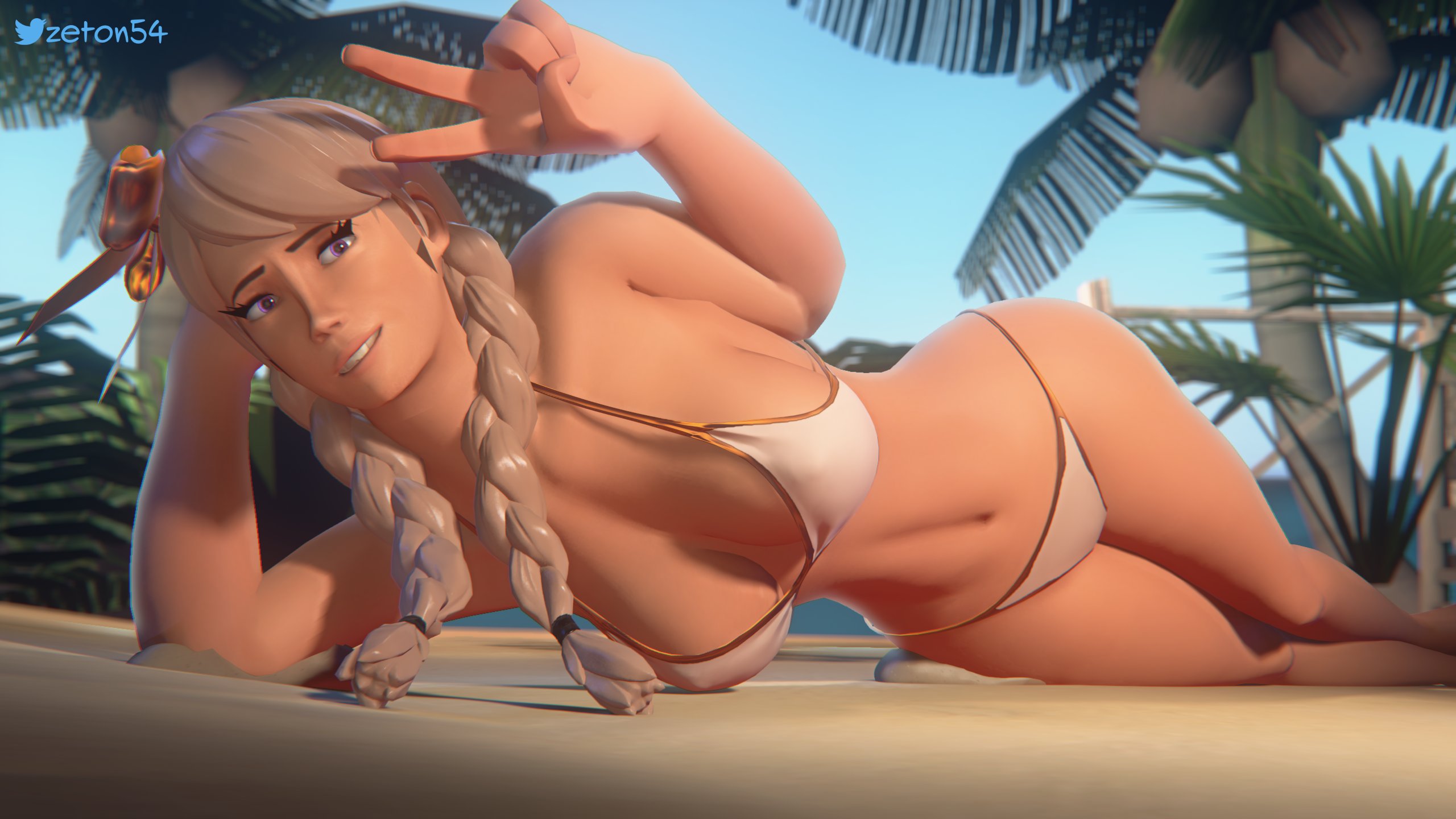 1girls, 3d, beach, big breasts, bikini, bikini bottom, bikini top, breasts, female, femscout, femscout (alt design), large breasts, peace sign, sfm, solo, team fortress 2, thick legs, thick thighs, zeton54