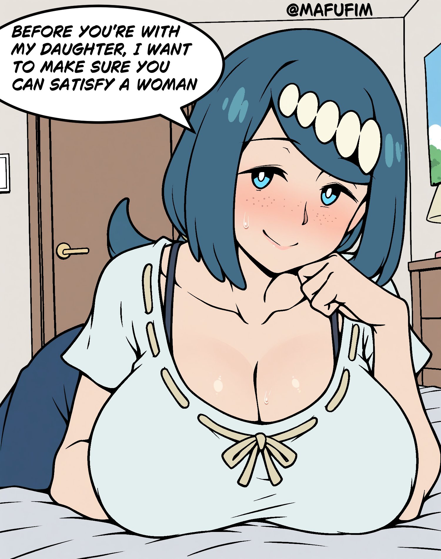 1girls, big breasts, breasts, cleavage, female, female only, flirting, lana's mother (pokemon), large breasts, lying, mafufim, mature female, nintendo, no sclera, on stomach, pokemon, pokemon (anime), pokemon sm (anime), seductive gaze, seductive smile, smile, solo
