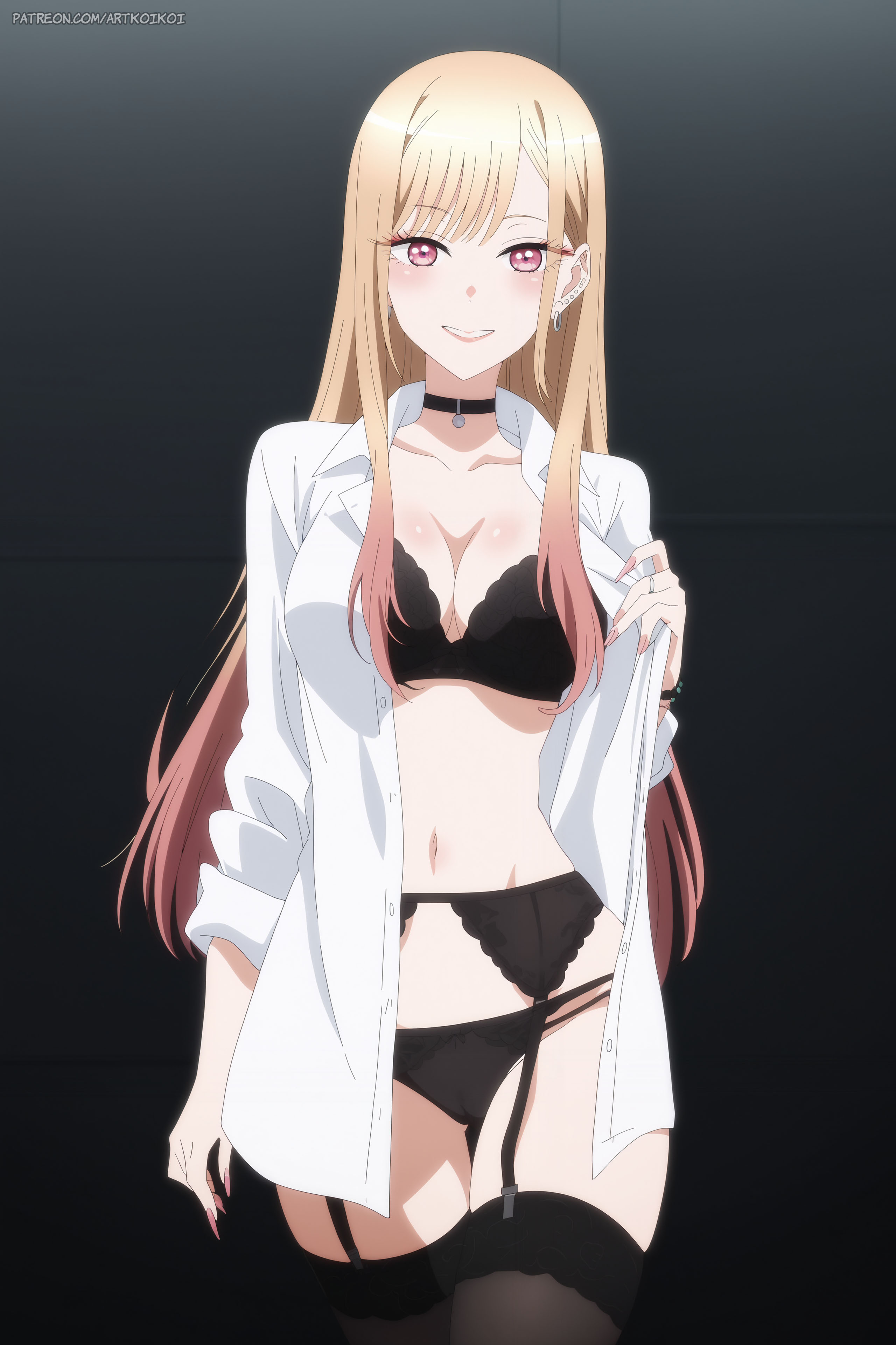 1girls, ai generated, artkoikoi, asian, asian female, big breasts, black bra, black lingerie, black panties, blonde hair, bra, breasts, buttoned shirt, choker, earrings, female, female only, garter belt, garter straps, highres, hourglass figure, kitagawa marin, lingerie, long hair, looking at viewer, makeup, office clothing, open shirt, panties, patreon, patreon username, red eyes, revealing underwear, ring, shirt, solo, sono bisque doll wa koi wo suru, stockings, thighhighs, white blouse, white shirt