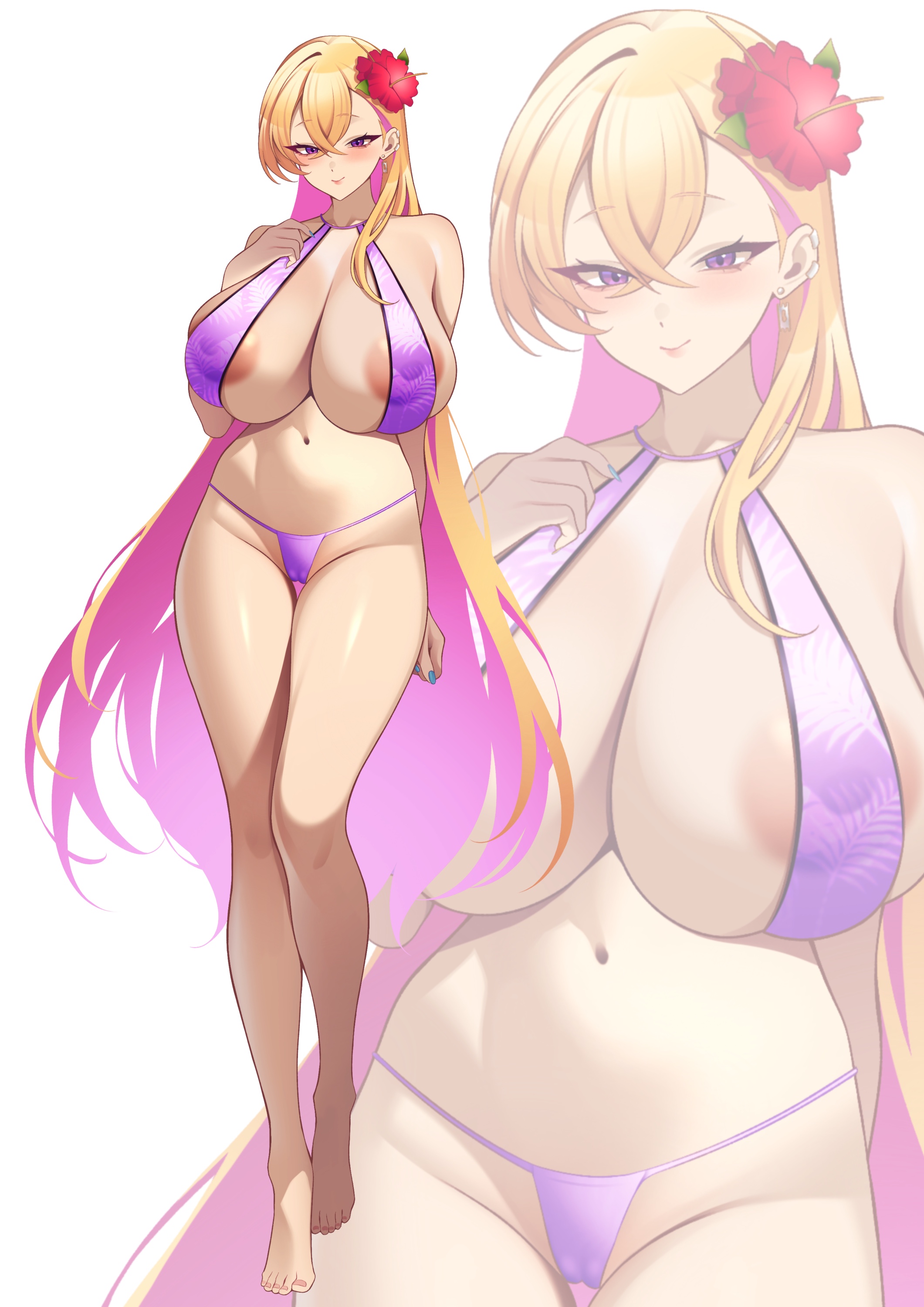 absurdres, areola slip, barefoot, bikini, blonde hair, boryeon (last origin), breasts, colored inner hair, covered erect nipples, earrings, female, full body, hair ornament, highres, huge breasts, jewelry, last origin, long hair, looking at viewer, multicolored hair, pink bikini, pink hair, psychopolis, purple eyes, simple background, solo, swimsuit, thighs, toes, white background, zoom layer