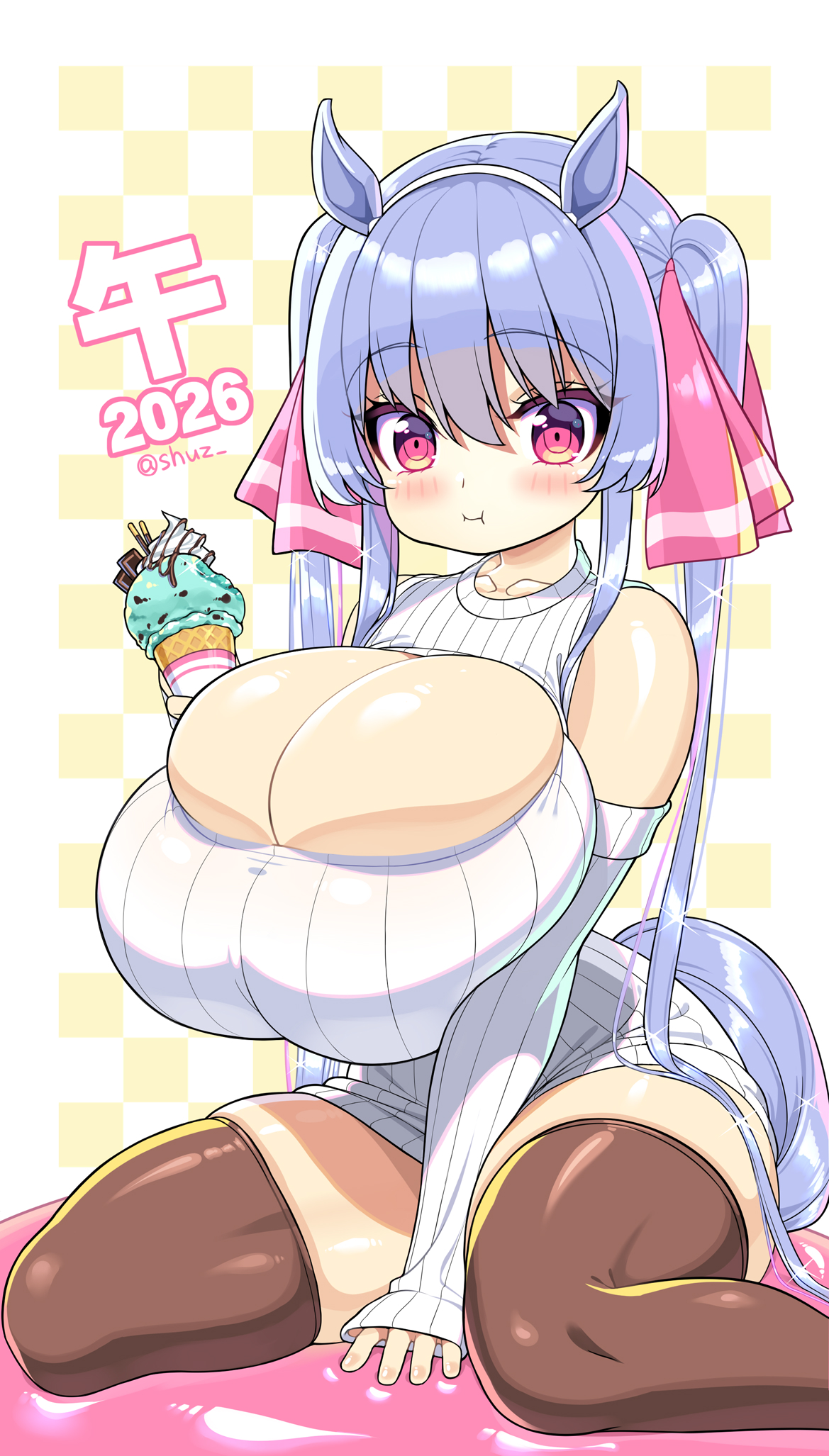 :i, 1girl, 1girls, 2026, adorable, animal ears, arm between legs, ass, bangs, bangs between eyes, big ass, big boobs, big breasts, big cleavage, big eyes, big thighs, blue hair, blue tail, blush, blushing, boob window, boobs, boobs bigger than head, breasts, breasts bigger than head, breasts squeezed together, brown thighhighs, bursting breasts, checkered background, cleavage, cleavage cutout, cleavage dress, cleavage focus, cleavage overflow, cleavage window, collarbone, cute, eating, eating food, eating ice cream, exposed shoulders, exposed skin, eyebrows, eyebrows visible through hair, feet out of frame, hair between eyes, hair ornament, headband, hips wider than shoulders, honkers, horse ears, horse girl, horse tail, hourglass figure, hourglass figured female, huge ass, huge boobs, huge breasts, huge cleavage, huge thighs, ice cream, large ass, large boobs, large breasts, large cleavage, large thighs, long hair, long sleeves, looking at viewer, massive boobies, massive boobs, massive breasts, massive tiddies, massive tits, massive titties, milkers, mouth full, multicolored eyes, narrow shoulders, overflow, overflowing breasts, pink balloon, pink eyes, pink ribbon, pink ribbon in hair, purple eyes, ribbon, ribbons, riko (shuz), round face, shiny, shiny eyes, shiny hair, shiny skin, short girl, short woman, shortstack, shuz (dodidu), sitting, sitting on ball, sitting on object, skindentation, slim waist, soft breasts, solo, solo female, squish, squished breasts, sweater, tail, thick thighs, thigh highs, thighhighs, thighs, thin neck, thin waist, tight clothing, too big, too tight, top heavy, twintails, very long hair, white sweater, wide hips, yellow eyes