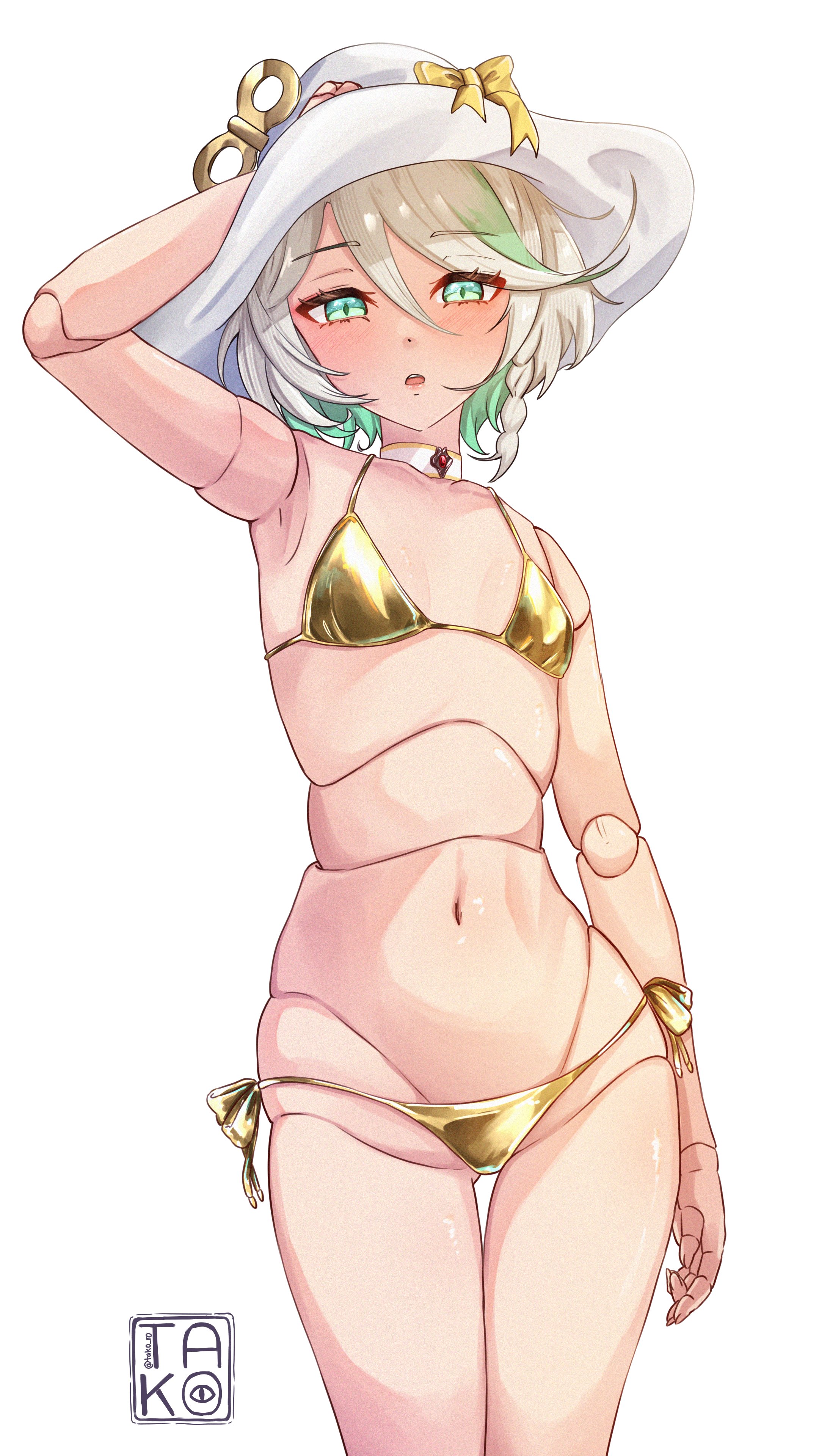 1girls, 2d, 2d (artwork), alternate costume, bikini, bikini bottom, blush, breasts, cecilia immergreen, covering breasts, doll, doll girl, doll joints, fanart, fanart from twitter, female, female focus, female only, front view, golden bikini, golden bikini bottom, golden bikini top, golden swimsuit, green eyes, green hair, hat, high resolution, highres, holding hat, hololive, hololive english, hololive english -justice-, light skin, light-skinned female, looking at viewer, revealing swimsuit, short hair, simple background, slim female, small breasts, solo, solo female, solo focus, standing, swimsuit, swimwear, takoroki, thong, thong bikini, two piece swimsuit, two-tone hair, virtual youtuber, vtuber, vtuberfanart, white background, white hair, young, younger female