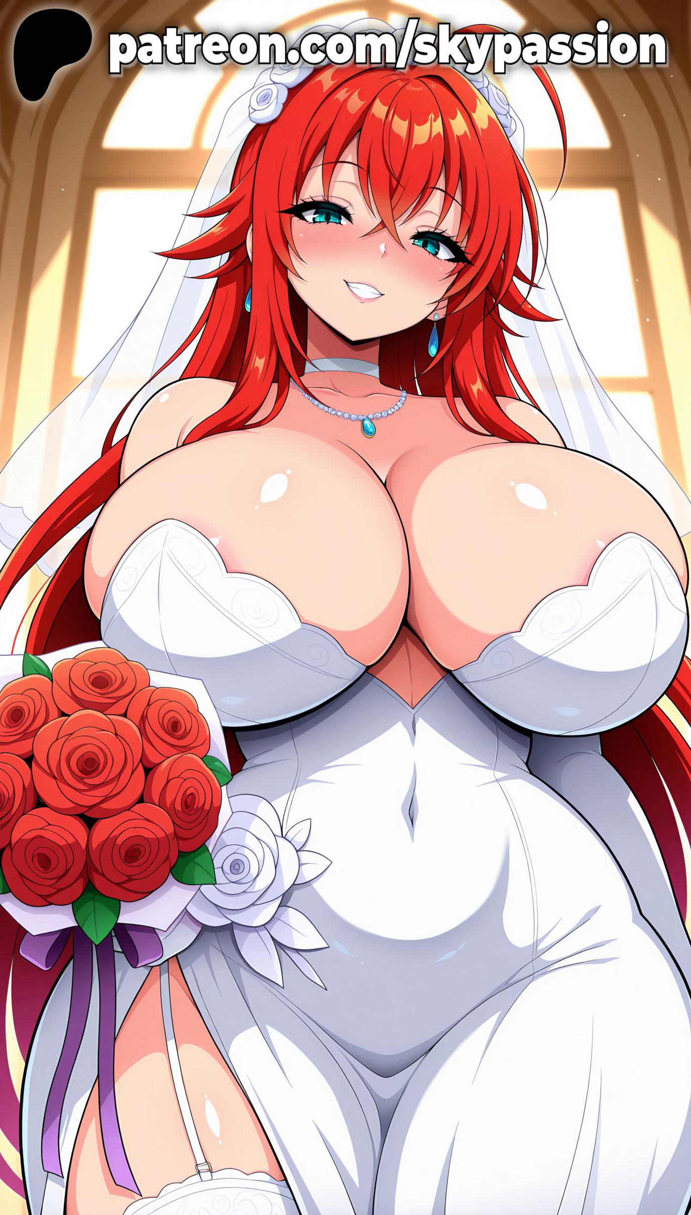 1girls, 2025, ai assisted, ai generated, anime, areola slip, artist name, bangs, bare shoulders, big breasts, blue eyes, blush, bouquet, breasts, bridal veil, bride, bust, chest, clothed female, covered nipples, curtains, dress, earrings, eyebrows visible through hair, female, female focus, female only, flower, garter straps, giant breasts, gloves, heavy breasts, hi res, high quality, high resolution, high school dxd, highres, holding bouquet, huge boobs, huge breasts, jewelry, long hair, looking at viewer, massive boobs, massive breasts, necklace, patreon, patreon username, pearl necklace, red flower, red hair, red rose, rias gremory, rose, rose petals, skypassion, smile, solo, stable diffusion, veil, watermark, wedding dress, wedding veil, white flower, white rose, window