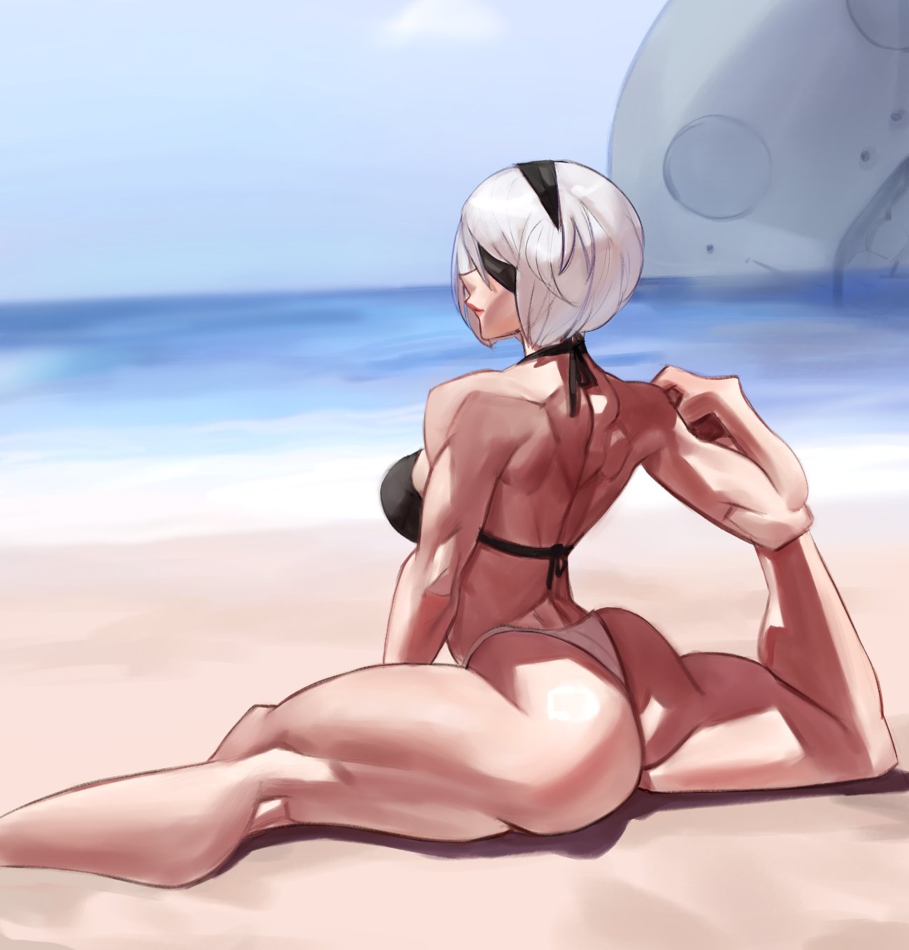 2d, 2d (artwork), back muscles, beach, bikini, dlusional, exposed back, female, muscles, nier, nier (series), nier: automata, stretching, white hair, yorha 2b