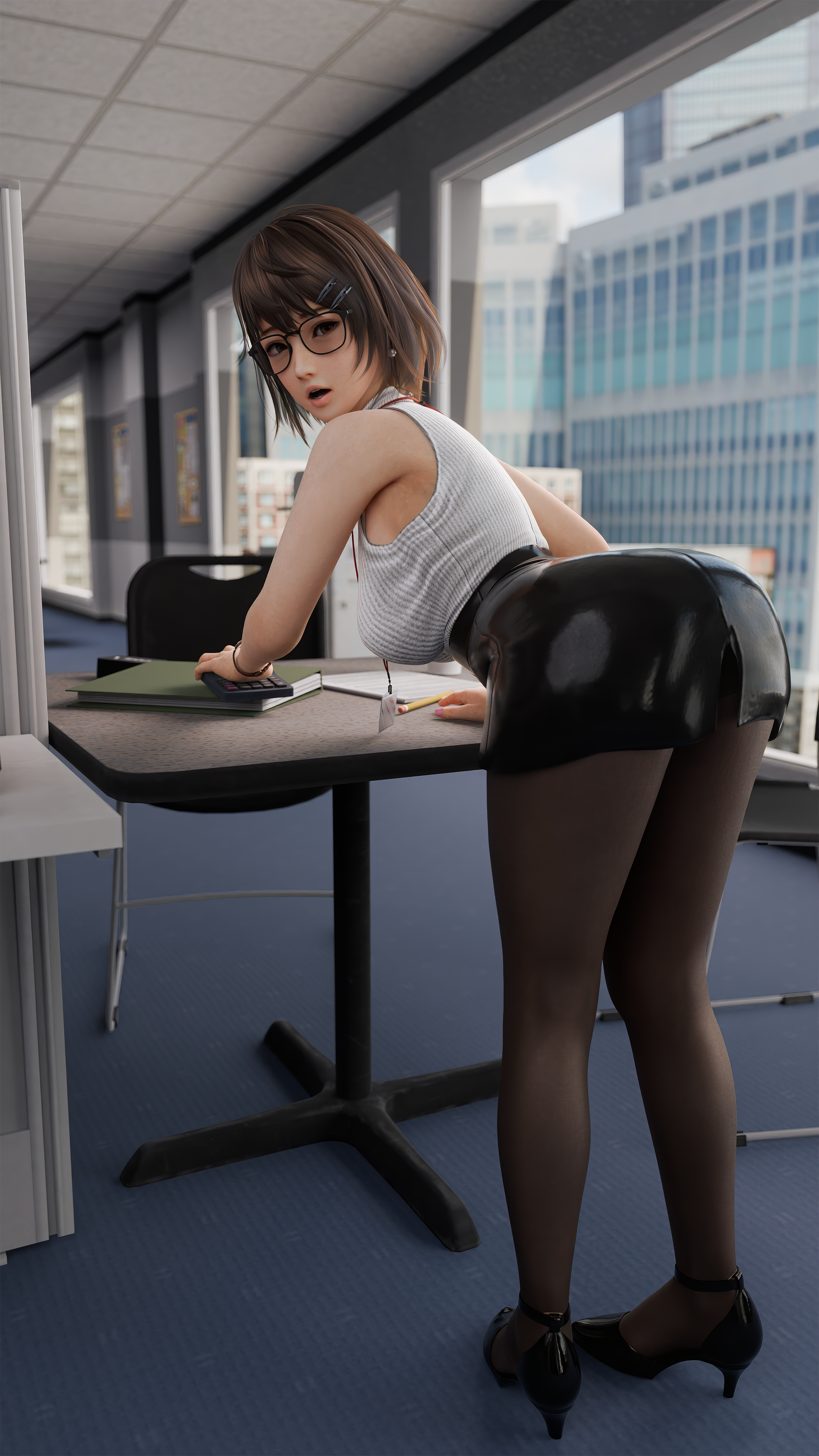 1girls, 3d, 3d (artwork), 3d model, 3d render, asian, asian female, ass, ass focus, big breasts, black high heels, breasts, brown eyes, brown hair, calculator, dead or alive, desk, female, glasses, hairclip, high heels, highres, hourglass figure, id card, latex, latex skirt, looking at viewer, looking back, office, office chair, office clothing, office lady, pantyhose, pass, runevv, short hair, skirt, tight skirt, tsukushi (doa), white topwear