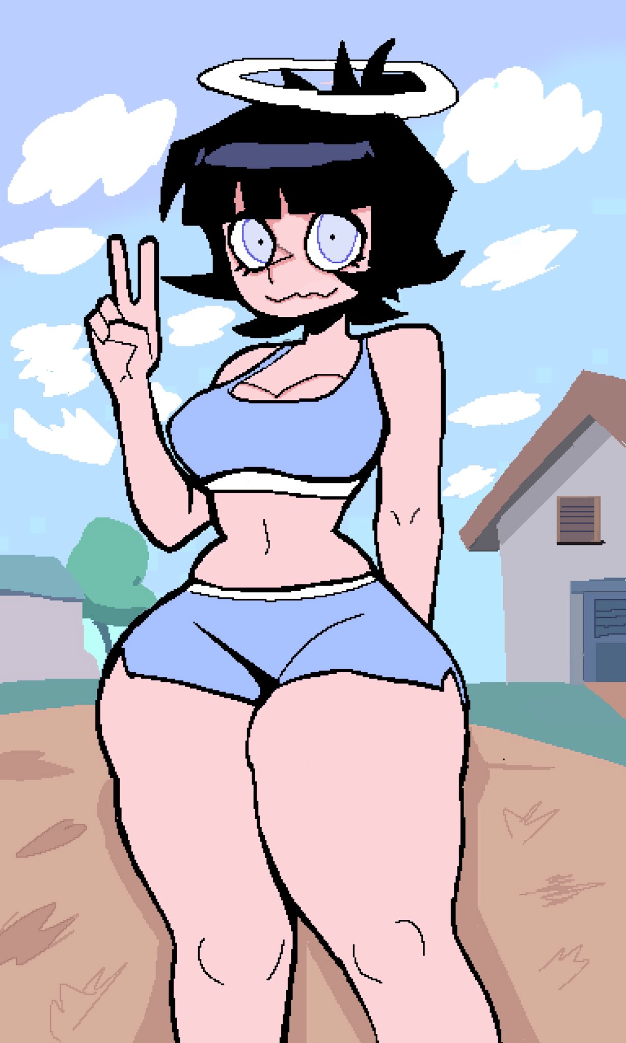 angel, aureola, azazel (helltaker), background, big thighs, black hair, blue clothing, blue eyes, blue sky, helltaker, monmaamn, peace sign, shameless, shorts, sportswear, tagme, topwear