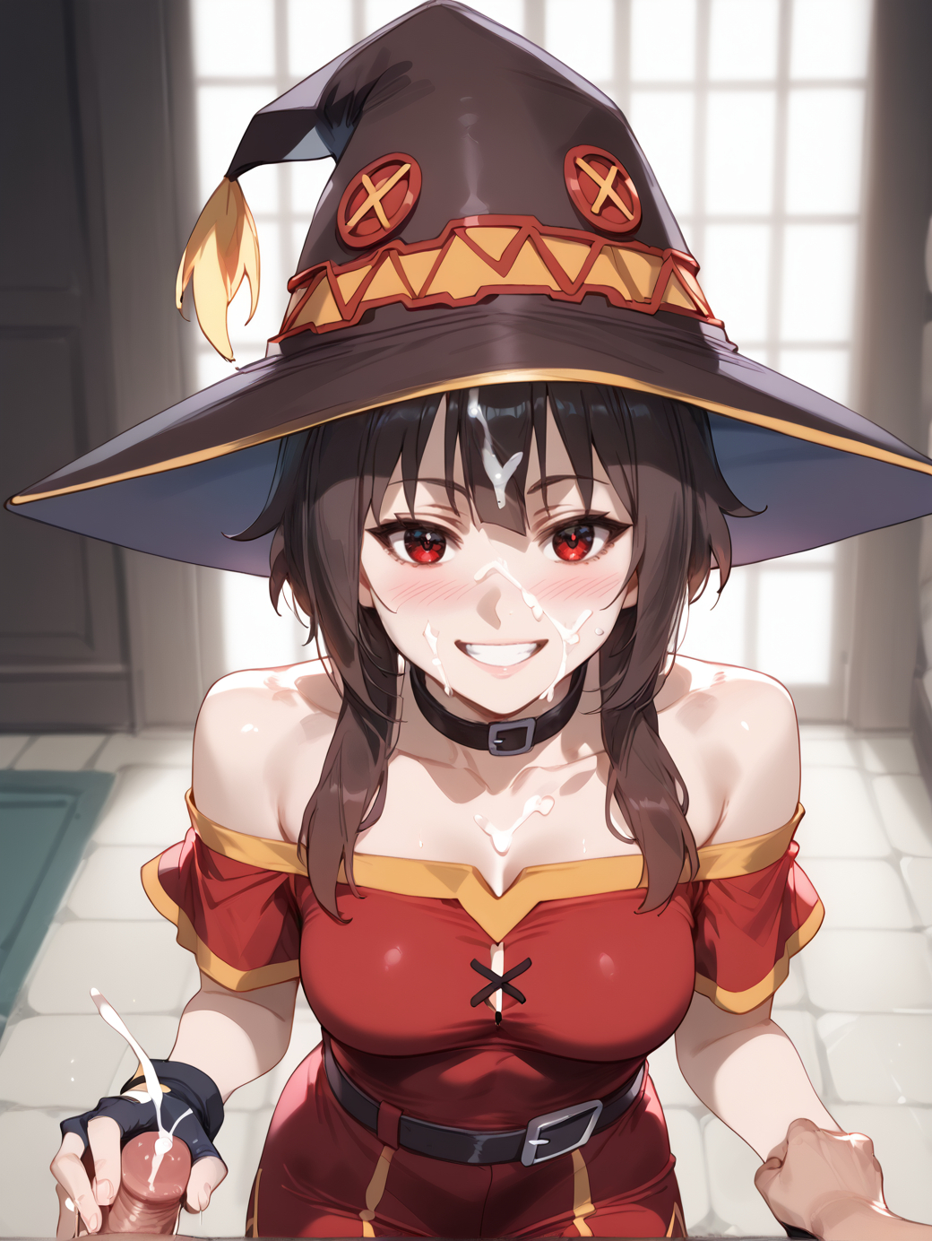 1boy ai_generated bangs bare_shoulders black_choker black_gloves blush breasts brokewyt brown_hair choker cleavage collarbone cum cum_on_body cum_on_clothes cum_on_hair dress ejaculation facial female fingerless_gloves gloved_handjob gloves grin handjob hat indoors kono_subarashii_sekai_ni_shukufuku_wo! looking_at_viewer male medium_breasts megumin off-shoulder_dress off_shoulder penis pov red_dress red_eyes smile solo_focus straight teeth uncensored witch_hat