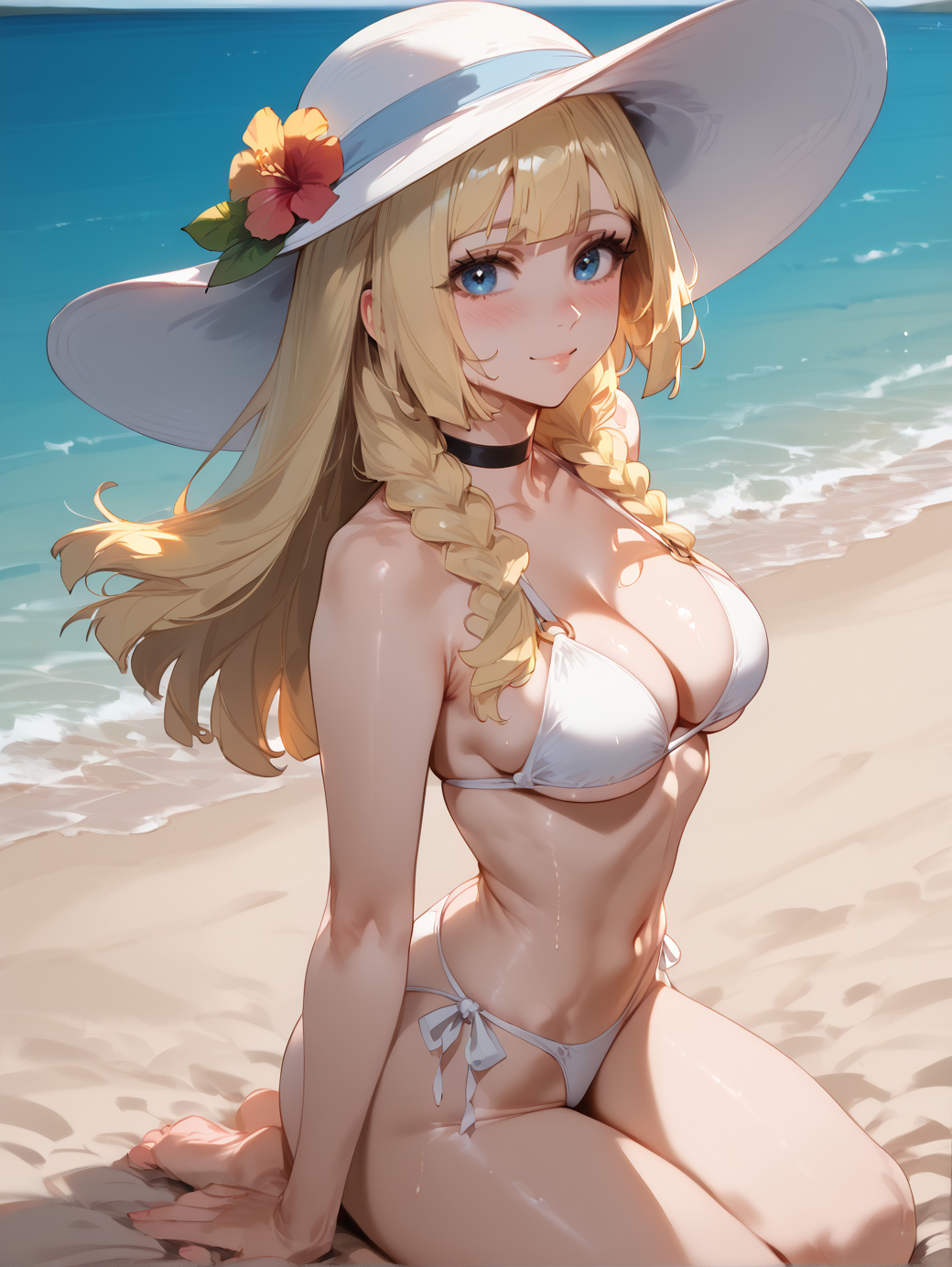 1girls, ai generated, bangs, bare arms, bare shoulders, barefoot, beach, bikini, black choker, blonde hair, blue eyes, blunt bangs, blush, braid, breasts, brokewyt, choker, cleavage, closed mouth, collarbone, day, female, flower, hat, hat flower, large breasts, lillie (pokemon), long hair, looking at viewer, medium breasts, navel, nintendo, ocean, outdoors, pokemon, pokemon trainer, seiza, side-tie bikini bottom, sitting, smile, solo, stomach, string bikini, sun hat, swimsuit, twin braids, uncensored, water, wet, white bikini, white headwear