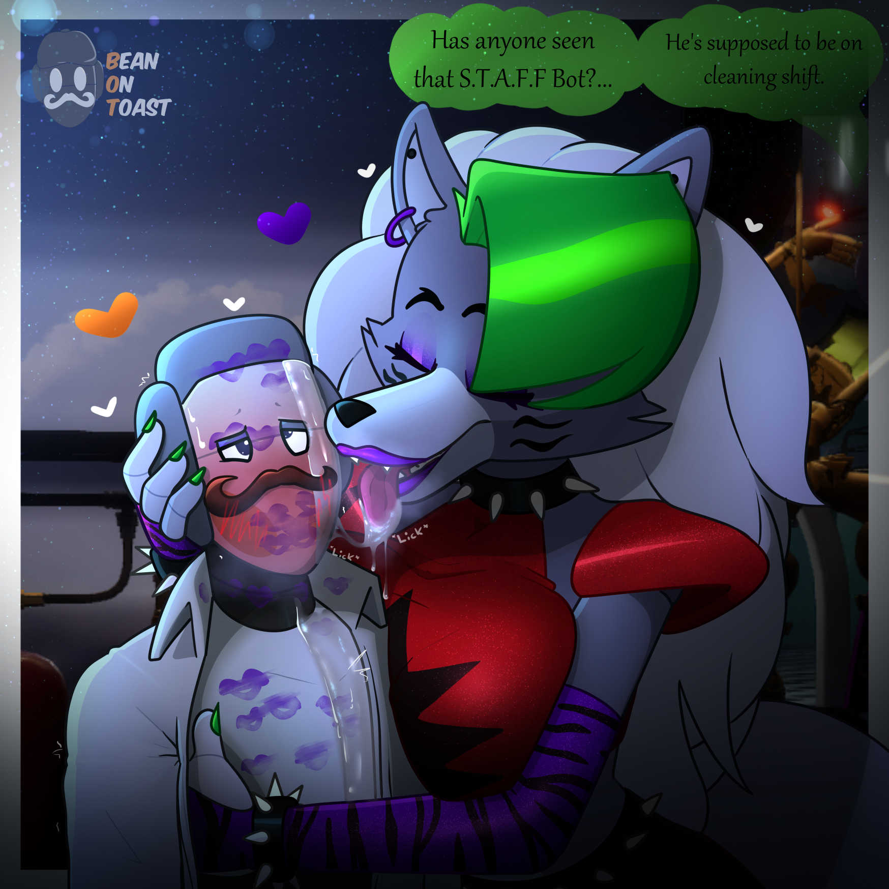 2025, 2d, 2d artwork, animatronic, animatronic female, animatronic male, anthro, anthro female, artist logo, artist name, beanontoast, big breasts, breasts, collar, female, five nights at freddy's, five nights at freddy's: security breach, furry, furry female, green hair, grey body, grey fur, grey hair, kiss mark, licking, lipstick, lipstick mark, male, moustache, purple lipstick, red shoulder pads, roxanne wolf (fnaf), spiked collar, staff bot (security breach), staffbot, straight, thick thighs, wolf, wolf ears, wolf girl