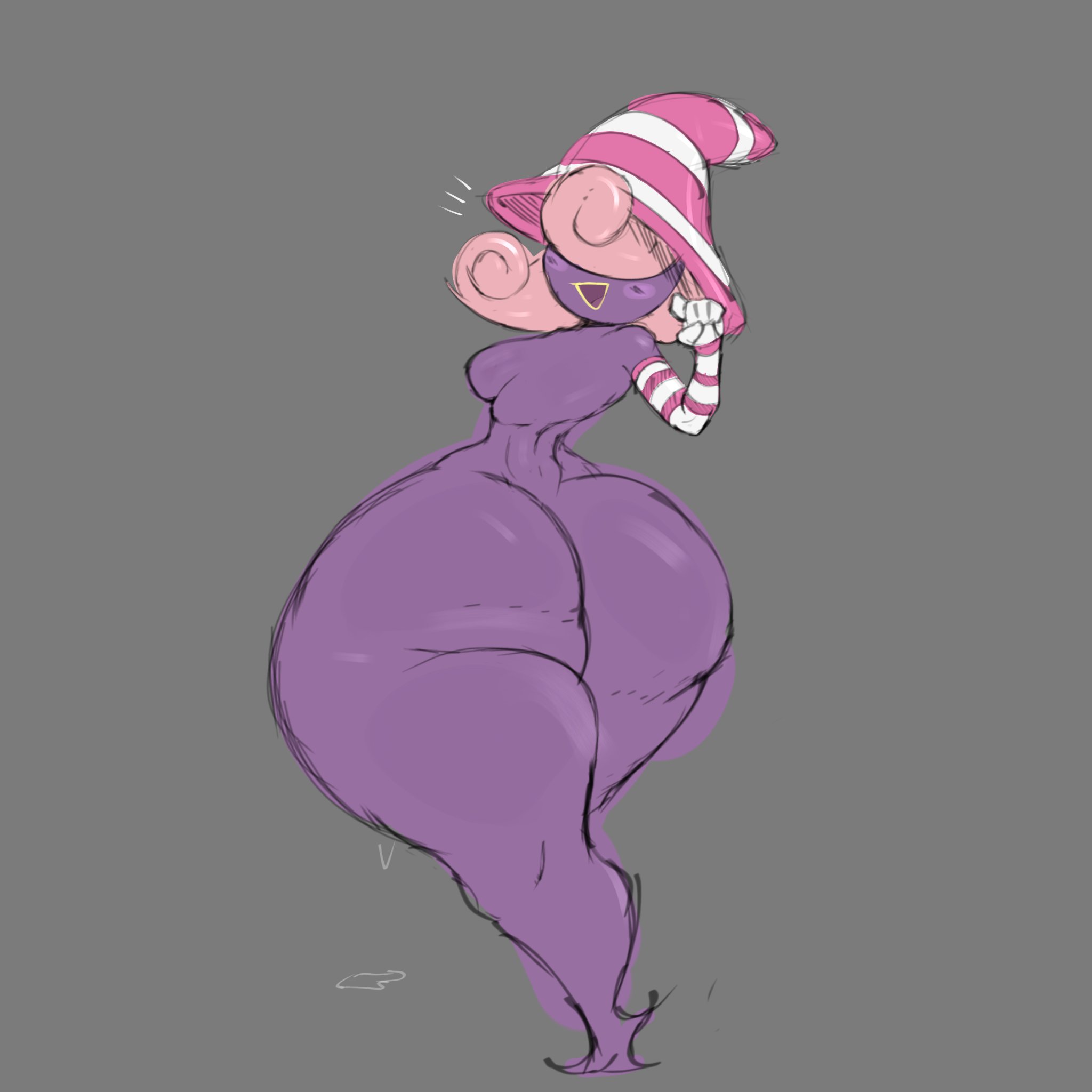 1girls, arm sleeves, armwear, ass, big ass, big thighs, breasts, elbow gloves, fat ass, featureless breasts, female, ghost tail, gloves, hair over eyes, hat, mario (series), megamor, nintendo, paper mario, pink hair, purple skin, shadow, shadow creature, shadow siren, sideboob, thighs, trans woman, vivian (paper mario), yellow lipstick