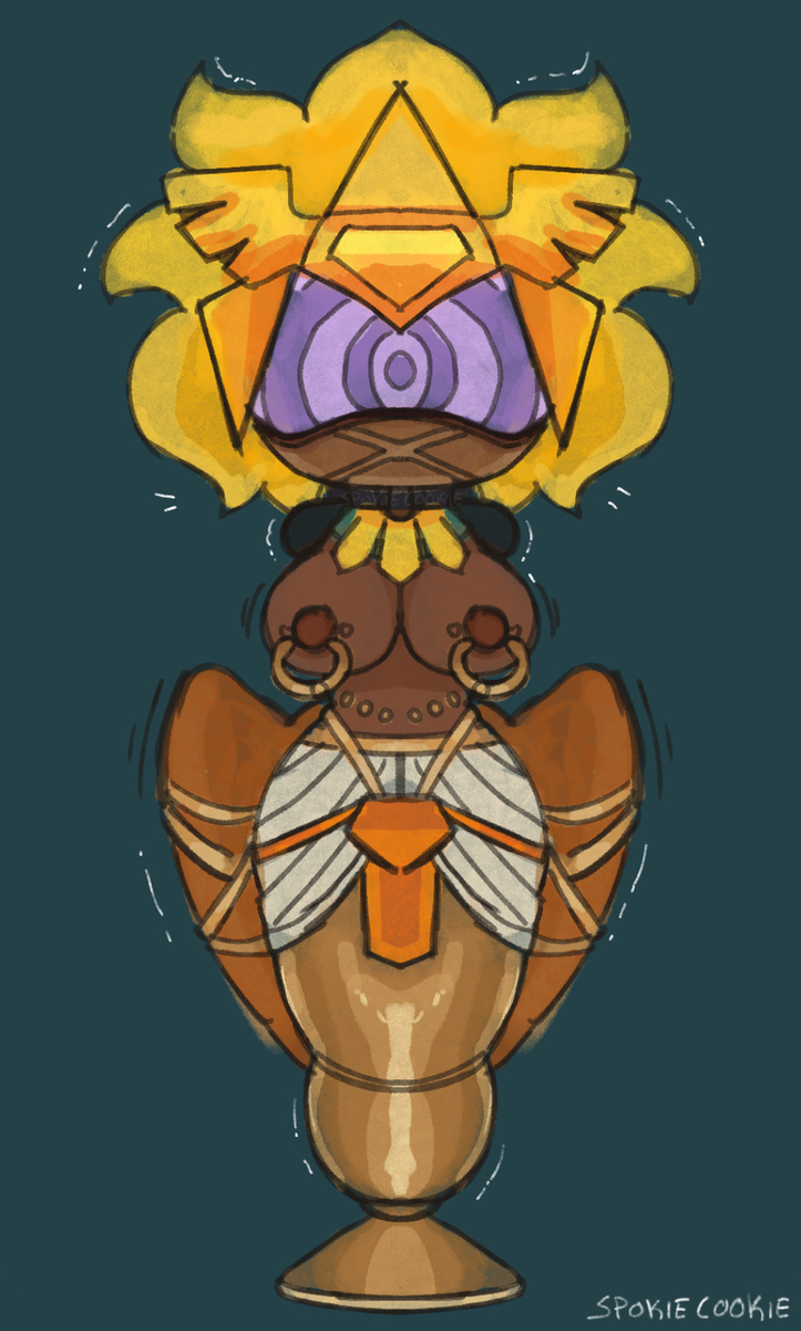 bondage cookie_run cookie_run_kingdom dark-skinned_female dubious_consent encasement golden_cheese_cookie headset hypnosis immobile mouth_mask nipple_piercing stuck_in_object tagme this_is_your_life_now topless trembling vase