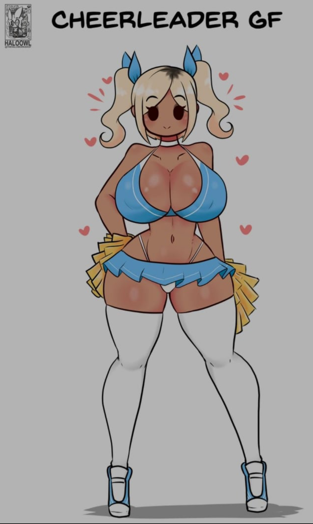 1girls, ass, belly, big breasts, big thighs, breasts, cheerleader, cheerleader uniform, choker, cleavage, female, female only, haloowl, ideal gf, looking at viewer, miniskirt, nipple bulge, pigtails, pom poms, revealing clothes, short skirt, skimpy clothes, skirt, socks, stockings, tagme, thick thighs, thigh socks, thighhighs, thong, voluptuous