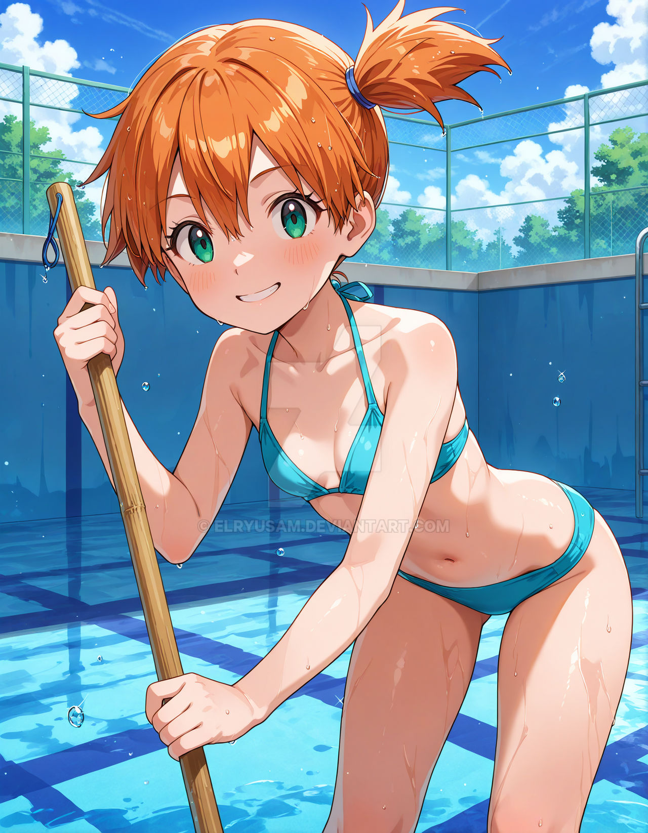 2025, 4kids entertainment, ai generated, anime, blue bikini, blue hairband, cleaning, deviantart, drawing, elryusam, female, green eyes, kasumi (pokemon), light skin, light-skinned female, looking at viewer, meta, nintendo, not porn, orange cheeks, orange eyebrows, orange hair, pokemon, pool, smile at viewer, smiling at viewer, teeth, teeth clenched, teeth showing, teeth visible, wet bikini, wet body, wet skin