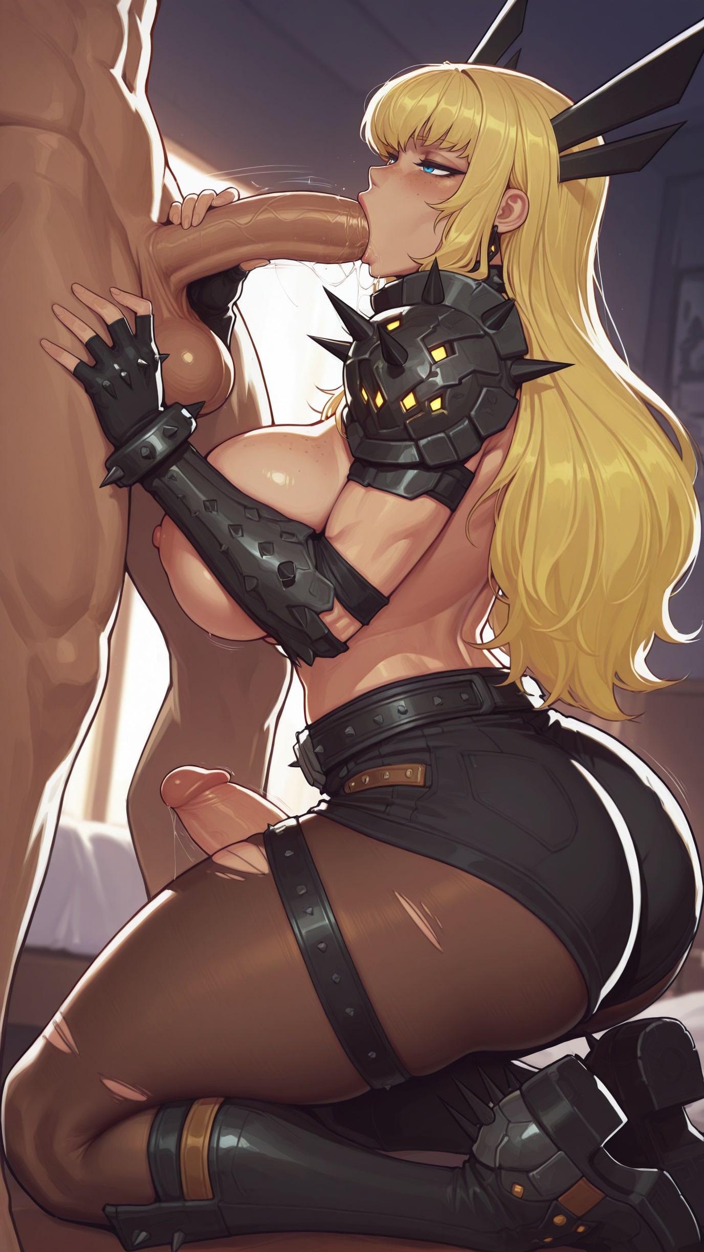 1boy, 1futa, ai generated, althaean, ass, bangs, big ass, big breasts, big penis, blonde hair, breasts, demon, demon futa, emo, fellatio, futa on male, futanari, goth, goth futa, intersex, magik (illyana rasputin), magik (marvel rivals), male, marvel, marvel comics, marvel rivals, mutant, mutant (marvel), penis, russian futa