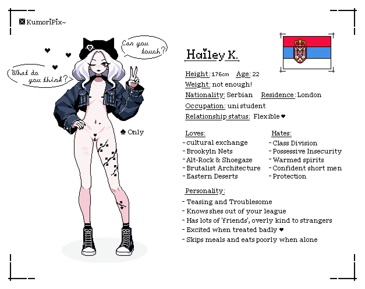 bar_censor beret black_lips black_nails breasts censored character_name choker converse cropped_jacket denim denim_jacket english_text female freckles full_body hat heart-shaped_pubic_hair jacket kumoripix leg_tattoo navel_peek netorare netorase original pixel_art pubic_hair queen_of_spades_symbol reference_sheet serbian_flag shaped_pubic_hair skinny small_breasts solo spade_(shape) spade_tattoo spade_vine_tattoo tattoo twitter_username white_hair