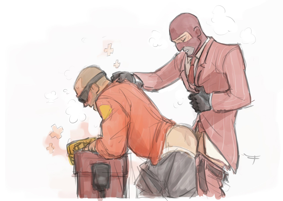 anal, anal sex, bent over, blush, clothed sex, dispenser (team fortress 2), engineer (team fortress 2), from behind, gay, gay sex, male, pants down, sex, sex from behind, si0rane, spy (team fortress 2), team fortress 2, yaoi