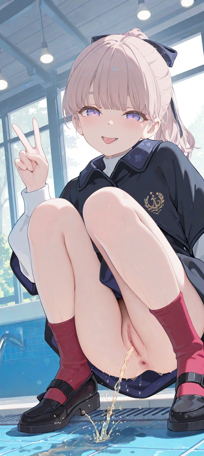 1girls, ai generated, anus, blonde hair, blush, cheerful, female, female focus, female only, grey hair, indoors, lapwing (vrchat), light skin, long hair, looking at viewer, no panties, peace sign, peeing, pussy, smile, squatting, swimming pool, tongue, uncensored, vrchat
