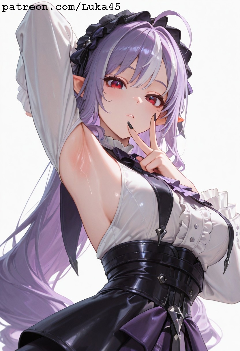 ai generated, armpit, armpits, black nails, breasts, female, long hair, looking at viewer, luka45, medium breasts, mihoyo, patreon, patreon reward, patreon url, patreon username, pointy ears, purple eyes, red eyes, sideboob, simple background, very long hair, vivian (zenless zone zero), vivian banshee, wet armpit, white, white shirt, zenless zone zero