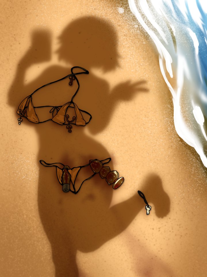beach bikini breasts butt_plug character_request commentary copyright_request cowboy_shot crotchless crotchless_bikini cupless_bikini dildo dressed_shadow_(meme) english_commentary female gold_bikini golden_week holding holding_phone implied_nudity large_breasts meme ocean penis-shaped_jewelry phone pussy_juice sand sex_toy shadow short_hair solo swimsuit unworn_bikini ycgirl