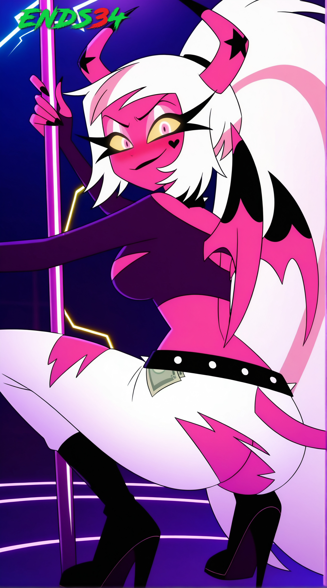 ai generated, ass, ass focus, big breasts, breasts, demon, demon girl, ends34, female, female only, helluva boss, high heel boots, high heels, horns, long hair, pole, pole dancing, sexy, squatting, succubus, tail, verosika mayday (helluva boss)