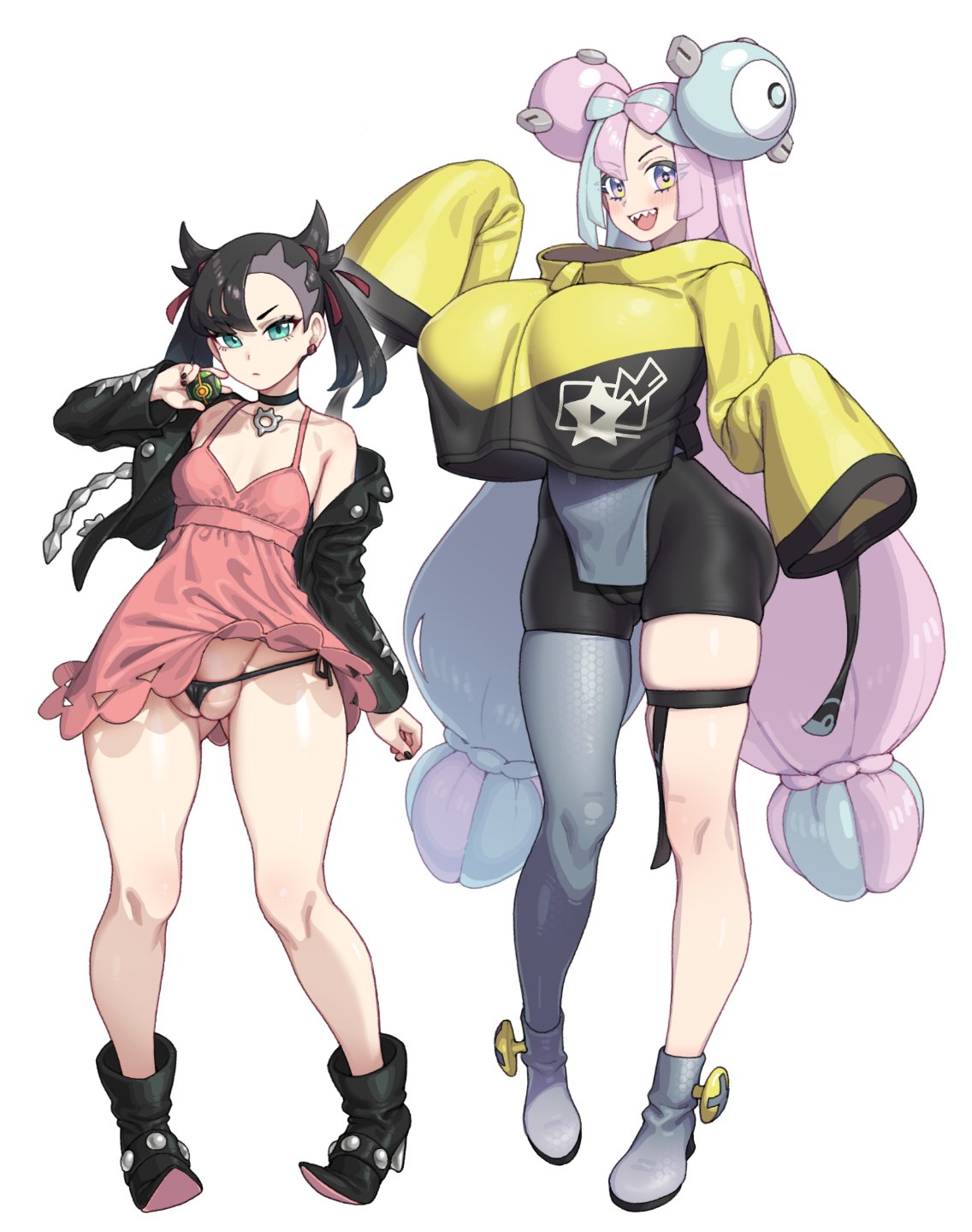 2d, 2girls, alternate breast size, b o x, black hair, blue eyes, boots, box20502017, breasts, choker, female, huge breasts, iono (pokemon), light skin, looking at viewer, marnie (pokemon), pink hair, pointy teeth, pokemon, pokemon ss, pokemon sv, small breasts, tagme, white background, yellow eyes