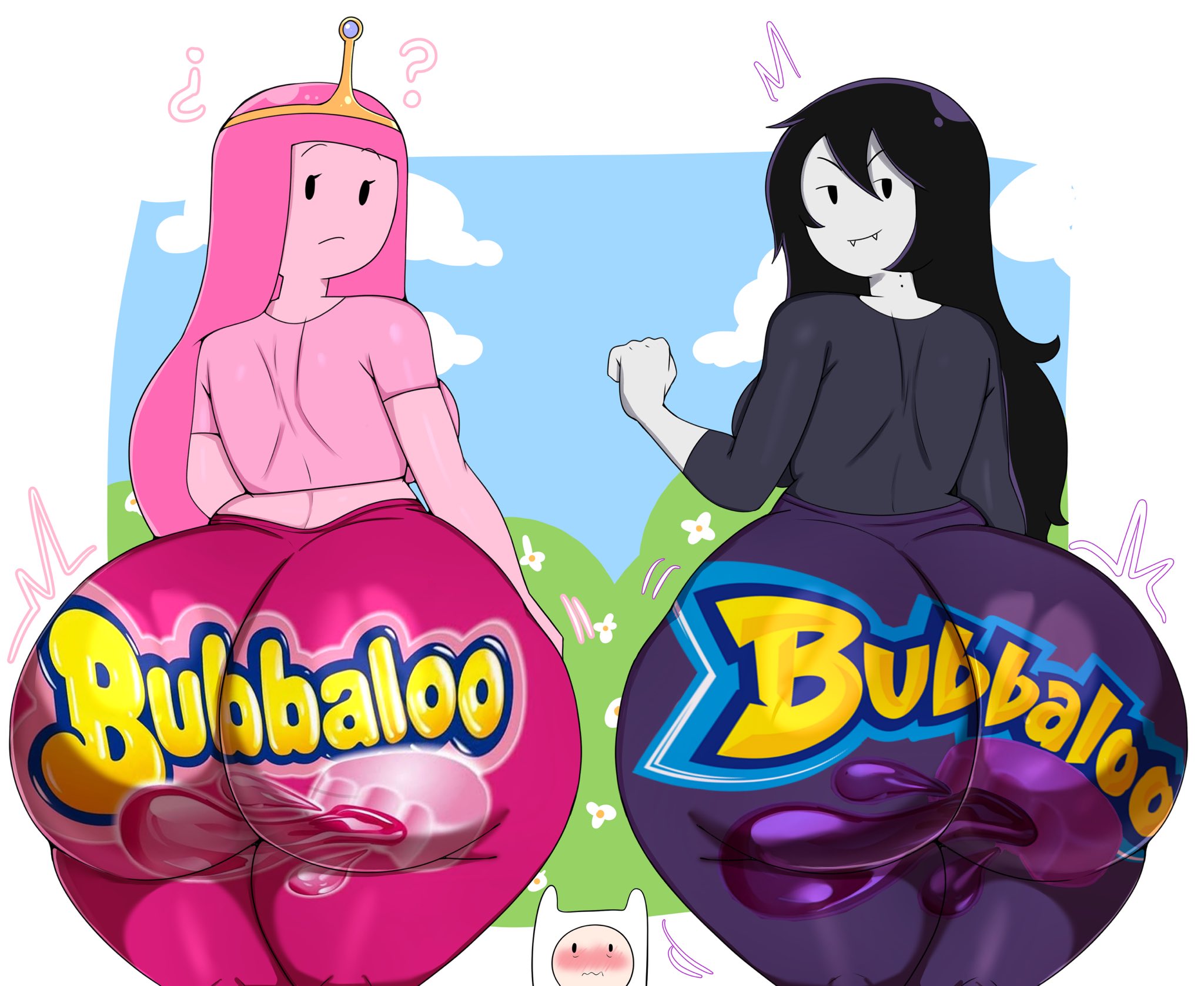 1boy, 2d, 2girls, adventure time, ass, back view, blush, bubbaloo (gum), bubble ass, bubble butt, cartoon network, cartoon network studios, fat ass, female, finn the human, frederator studios, fully clothed, gigantic ass, huge ass, male, marceline, murox78, no penetration, princess bubblegum, standing, tight clothing, tight pants, trio, uncolored, warner bros, warner brothers