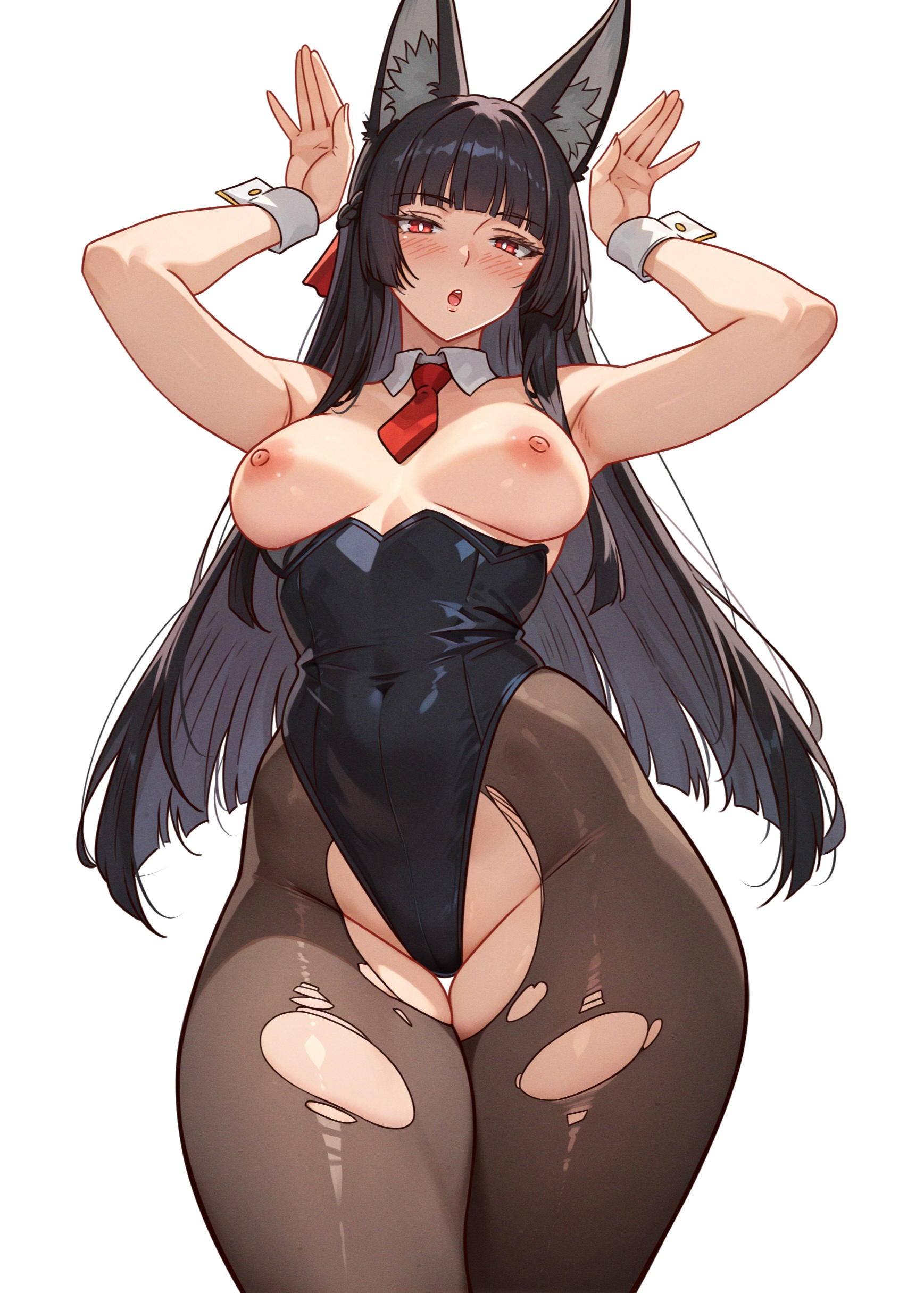:o, 1girls, absurdres, animal ears, armpits, black hair, black leotard, black pantyhose, blush, breasts, bunnysuit, cetta (cettadvd), female, fox ears, highres, hoshimi miyabi, leotard, long hair, medium breasts, necktie, nipples, pantyhose, playboy bunny, rabbit, red eyes, red necktie, solo, thighs, torn clothes, torn pantyhose, white background, zenless zone zero
