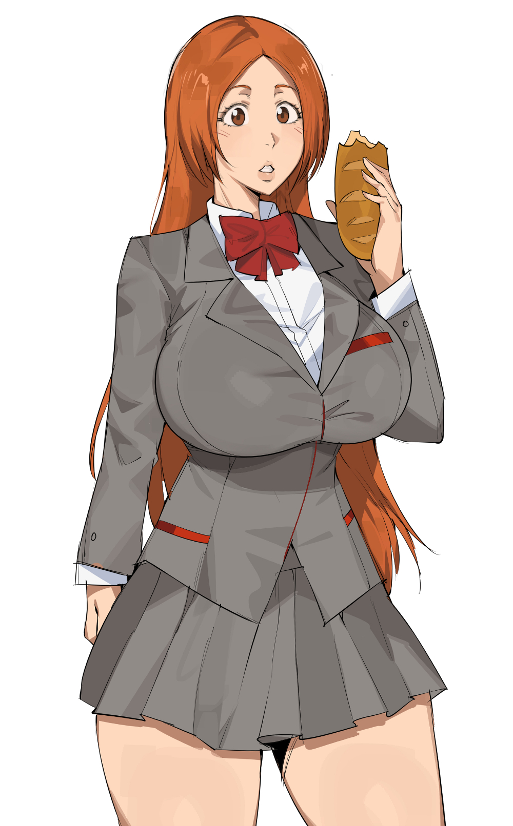 bleach, bobtheneet, bread, breasts, brown eyes, dr octojuice, elijahzx, female, female focus, food, highres, inoue orihime, karakura high school uniform, large breasts, long hair, orange hair, simple background, thighs, white background