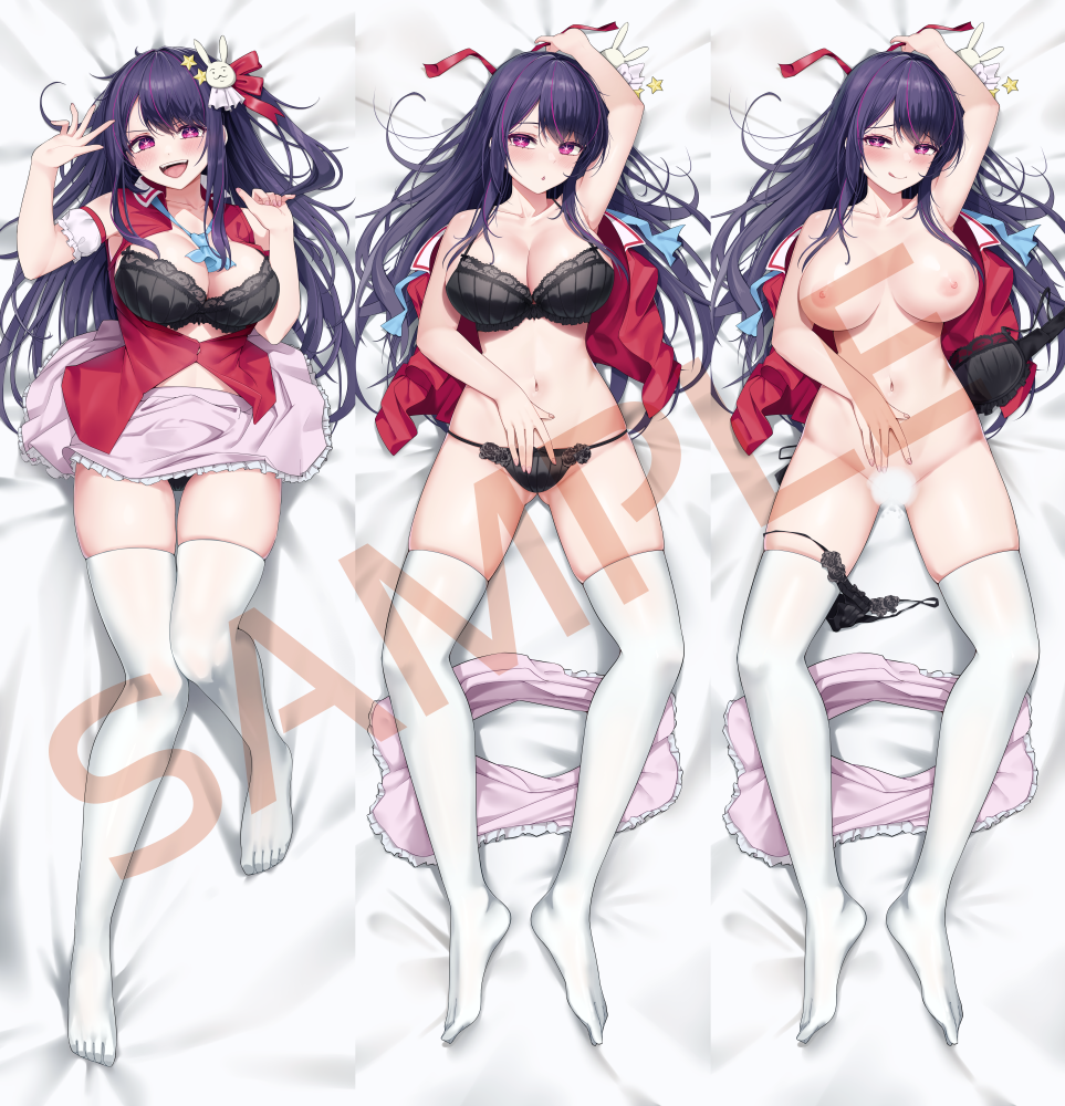 :d :o armpits ass black_bra black_panties blank_censor blush bra breasts censored closed_mouth clothes_down clothing_aside collarbone dakimakura_(medium) feet female from_above groin hair_ornament hoshino_ai idol large_breasts licking_lips long_hair looking_at_viewer lying navel nipples on_back one_side_up open_mouth oshi_no_ko panties panties_around_one_leg pink_eyes pink_skirt presenting purple_hair rabbit_hair_ornament rank_alee sample_watermark skirt smile solo star_(symbol) star_in_eye symbol_in_eye teeth thighhighs tongue tongue_out underwear undressing unworn_bra unworn_shirt unworn_skirt upper_teeth_only watermark white_thighhighs