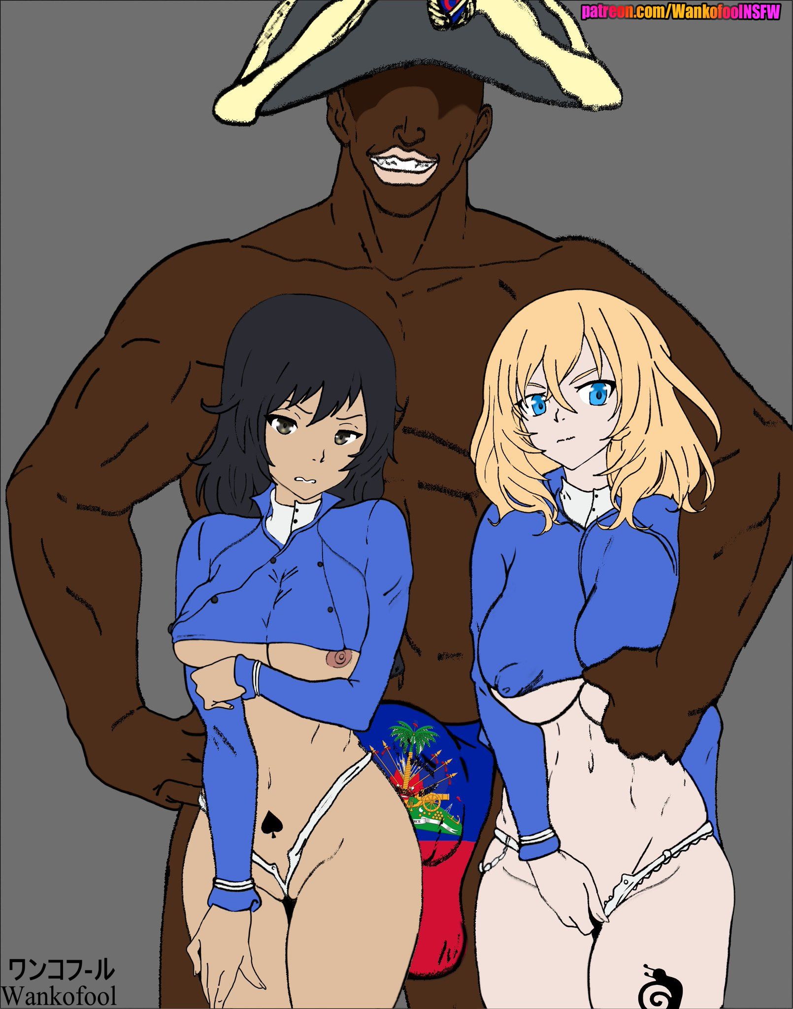 2025, 2girls, alternative universe, andou (girls und panzer), ass, bc freedom military uniform, big ass, big breasts, big penis, blonde hair, body markings, booty shorts, breasts, brown eyes, cameltoe, clothing, concept art, dark skin, dark-skinned male, female, girls und panzer, groping, groping breasts, haitian, human, impossible clothes, male, oshida (girls und panzer), penis, pose, pussy, queen of spades, short shorts, shorts, sketch, skimpy, skimpy clothes, skin tight, tagme, thick ass, thick legs, thick thighs, thighhighs, tricorne hat, wankofool