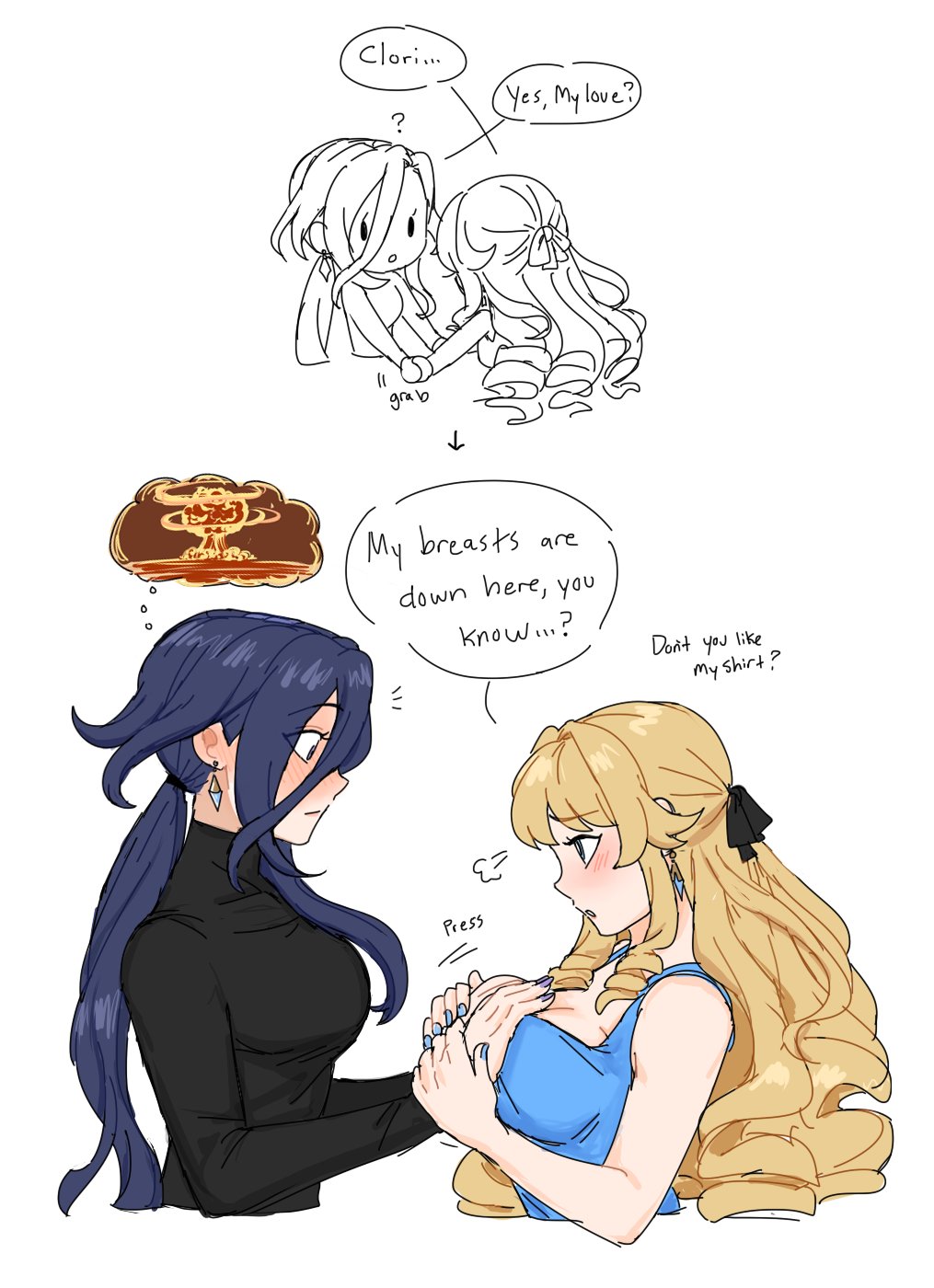 2girls adorable bisexual blonde_hair blue_eyes blush clorinde_(genshin_impact) couple cute dashdoo female_only genshin_impact groping_breasts lovers navia_(genshin_impact) purple_eyes purple_hair shirt shocked turtleneck wholesome yuri