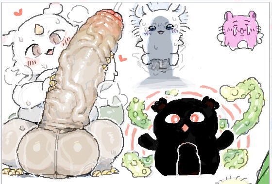 anoko, balls, balls on floor, balls on ground, big penis, black body, blush, brown eyes, chiikawa, darker penis, feral, foreskin, foreskin folds, heart symbol, horn, imminent sex, looking at own penis, looking at penis, male, masturbating, masturbation, momonga, momonga (chiikawa), penis, penis bigger than body, pink body, squatting, squatting male, steam, syuro, tentacle, uncircumcised, veiny penis, white body