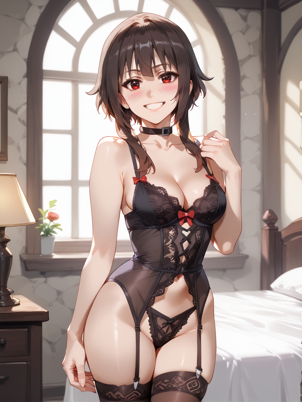 aged up, ai generated, alternate costume, bangs, bare arms, bare shoulders, bed, black choker, black panties, black thighhighs, blush, breasts, brokewyt, brown hair, choker, cleavage, collar, collarbone, cowboy shot, female, flower, garter belt, garter straps, grin, hand up, indoors, kono subarashii sekai ni shukufuku wo!, lamp, lingerie, looking at viewer, medium breasts, megumin, navel, panties, red bow, red eyes, short hair with long locks, sidelocks, small breasts, smile, solo, standing, teeth, thighhighs, thighs, uncensored, underwear, underwear only, window