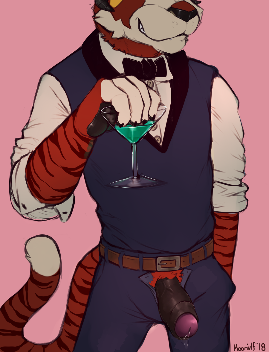 1boy 2018 alcohol anthro beverage black_penis bulge classy clothed clothing crotch_tuft foreskin front_view fur half-erect handpaw horn humanoid_penis koorivlf koorivlf_tycoon male male_only mostly_clothed multicolored_fur necktie open_pants pants pawpads paws penis portrait precum red_fur simple_background smile solo standing suit teeth thick_penis three-quarter_portrait uncut