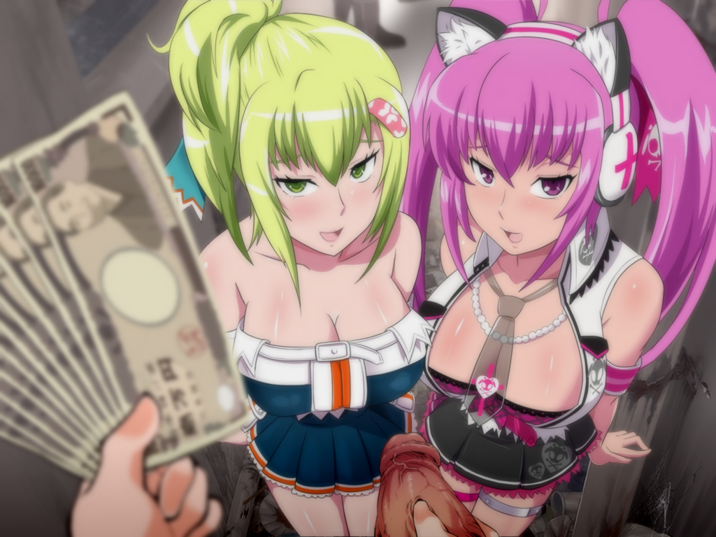 2girls animal_ears beatmania beatmania_iidx breasts busty cash cat_ears catgirl cleavage garter kitami_erika mizushiro_celica money multiple_girls necktie penis prostitution purple_hair tagme take_your_pick voluptuous