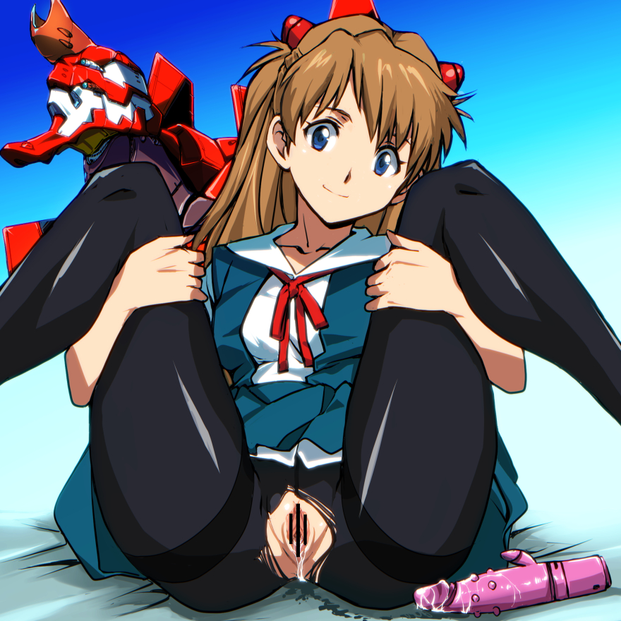 asuka_langley_sohryu bar_censor blue_eyes blush censored clothing dildo female kamisimo_90 long_hair neon_genesis_evangelion orange_hair panties pantyhose pussy pussy_juice revision school_uniform skirt smile solo spread_legs tied_hair torn_clothes torn_pantyhose twintails underwear