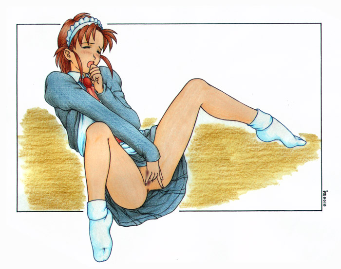 anus ballpoint_pen_(medium) border brown_hair censored closed_eyes colored_pencil_(medium) eternal_melody female fingering hand_to_own_mouth harumachi_nagaaki iris_meel long_sleeves maid maid_headdress marker_(medium) masturbation no_panties open_mouth pussy sitting skirt solo spread_legs traditional_media upskirt white_legwear